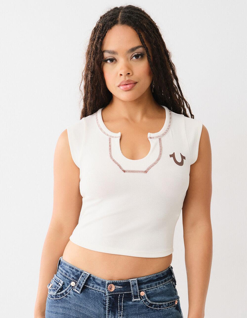 TRUE RELIGION Horseshoe Womens Notch Crop Tee - WHITE Product Image