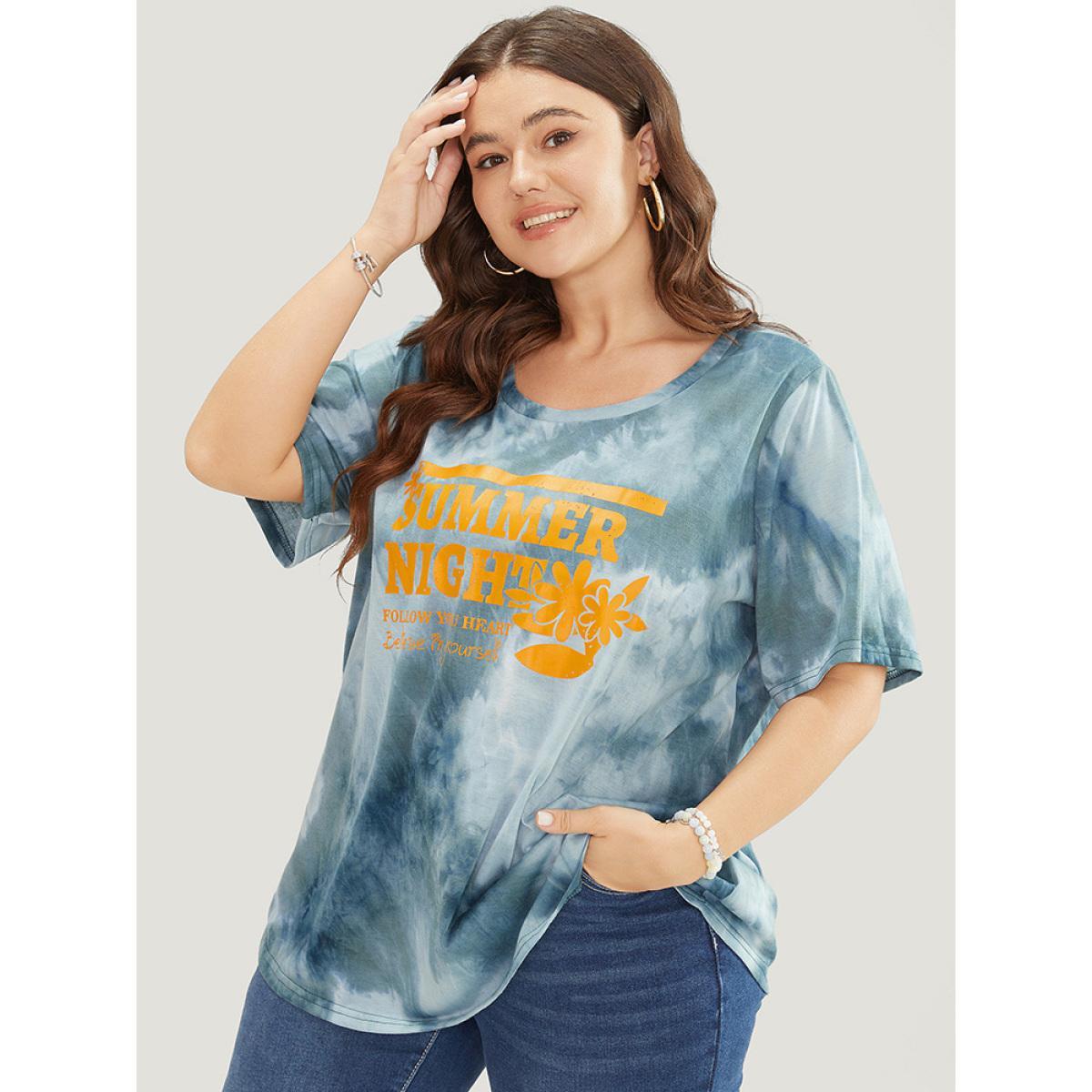 Plus Size Tie Dye Round Neck Letter Graphic T-shirt SlateGray Women Casual Printed Letter Dailywear T-shirts BloomChic 22-24/3X Product Image