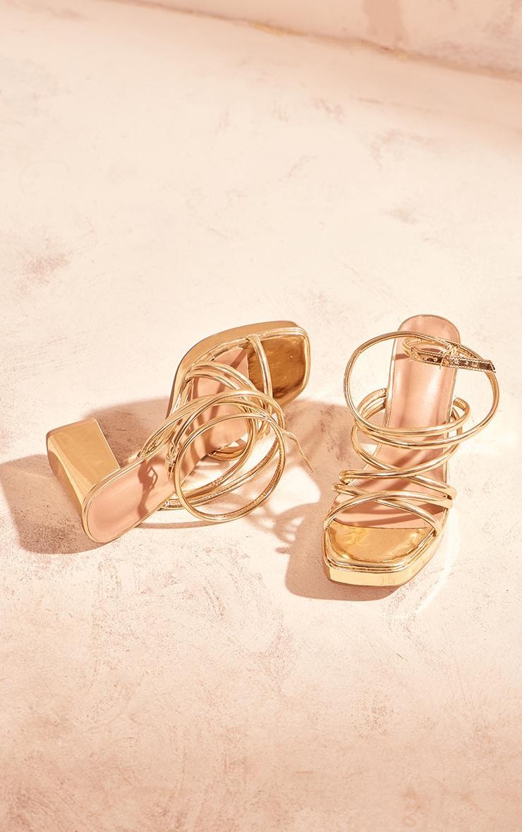 Gold PU Square Toe Tube Strap Platform Block Heeled Sandals Product Image