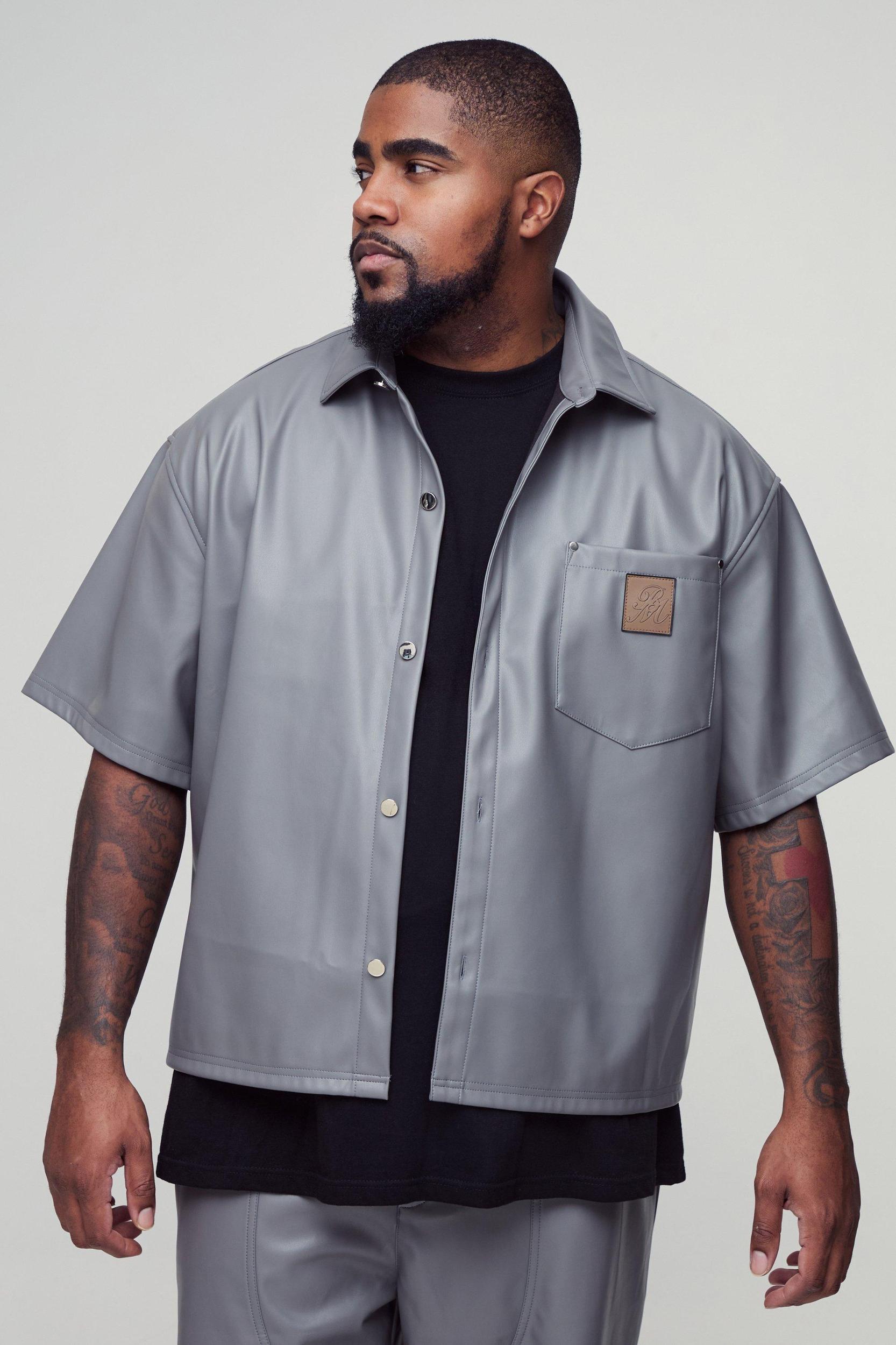 Mens Plus Oversized PU Pocket Detail Shirt - Black Product Image