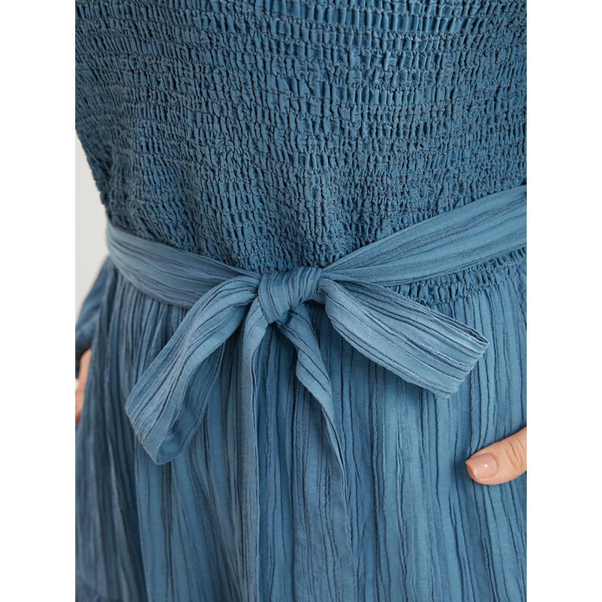 Plus Size Solid Textured V Neck Pocket Shirred Belted Flutter Dress Aegean Women Elegant Tiered V-neck Long Sleeve Curvy Midi Dress BloomChic 18-20/2X Product Image
