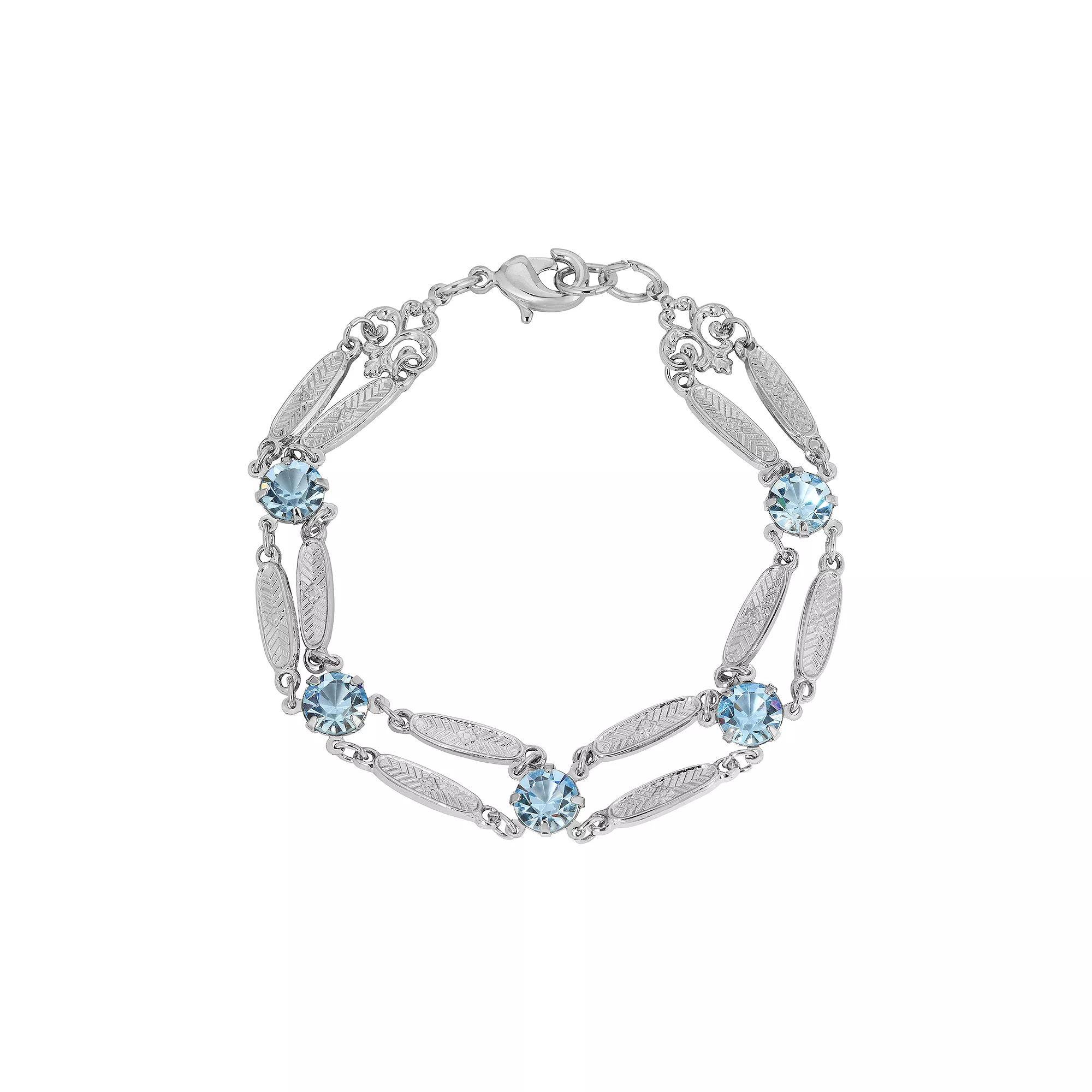 1928 Silver Tone Textured Link Crystal Bracelet, Women's, Blue Product Image
