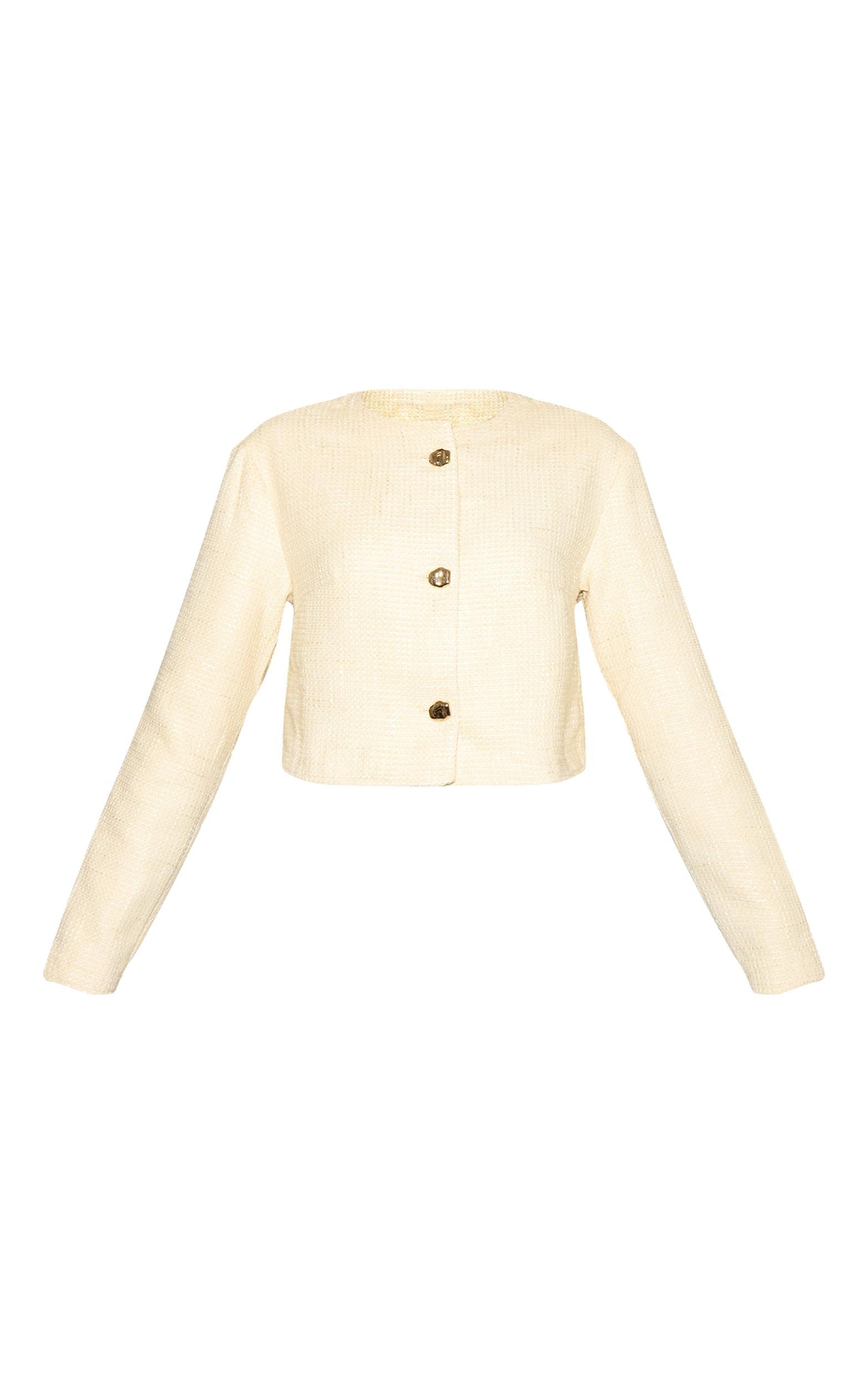 Butter Cream Cropped Button Up Tweed Collarless Jacket Product Image