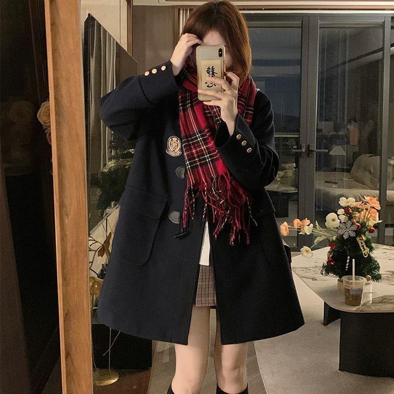 Plain Badge Embroidered Hooded Duffle Jacket Product Image