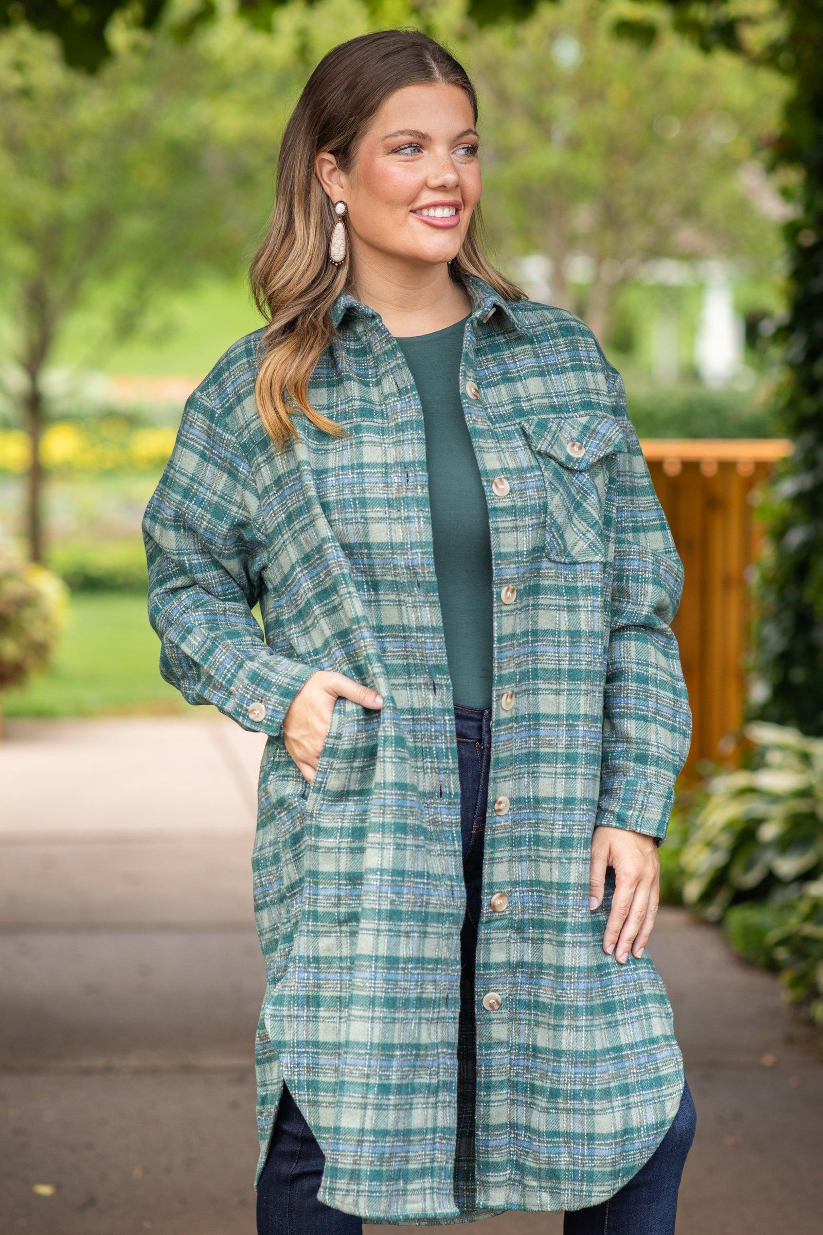 Sage and Dusty Blue Long Plaid Shacket Product Image