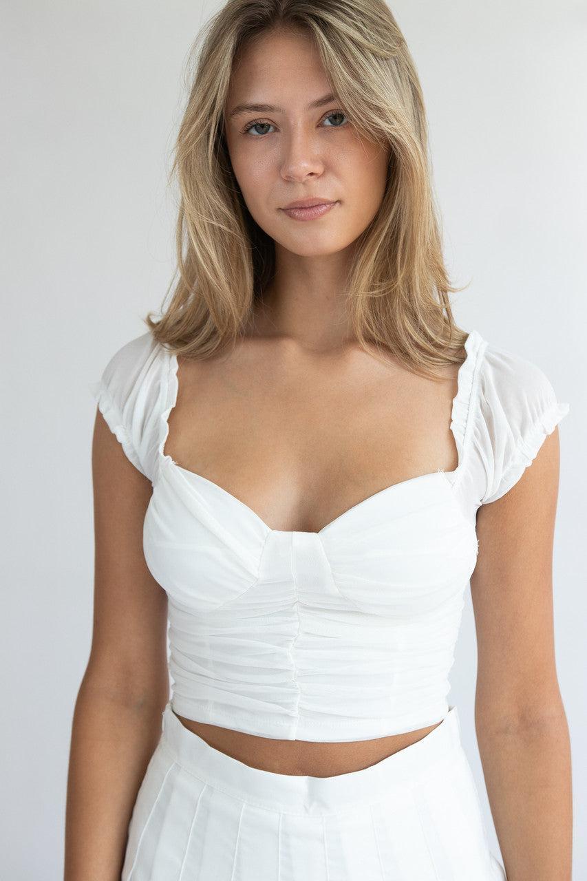 Ruched Front Puff Sleeve Mesh Top Product Image
