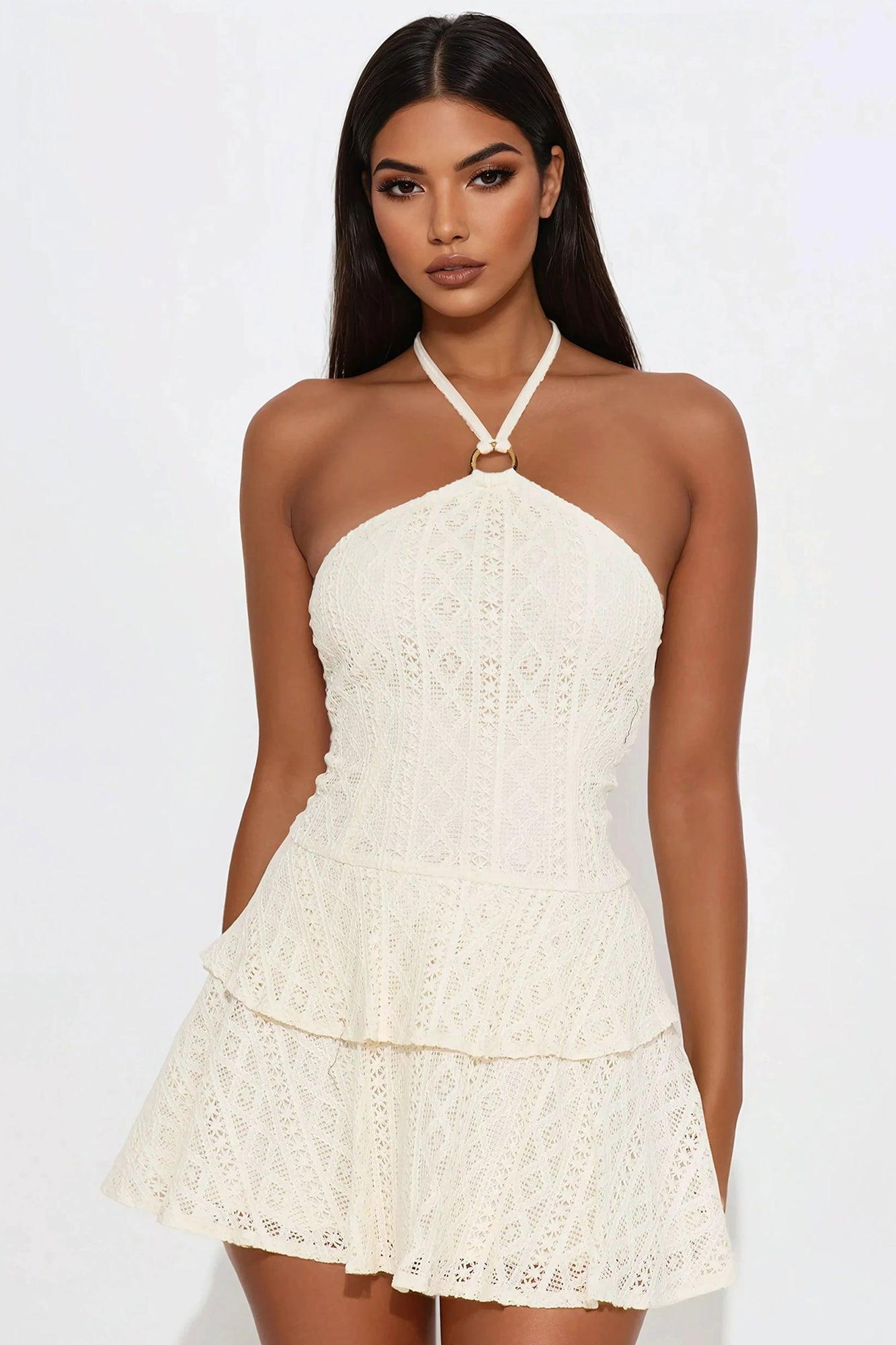 Trinity Halter Crochet Mini Dress - Cream Product Image