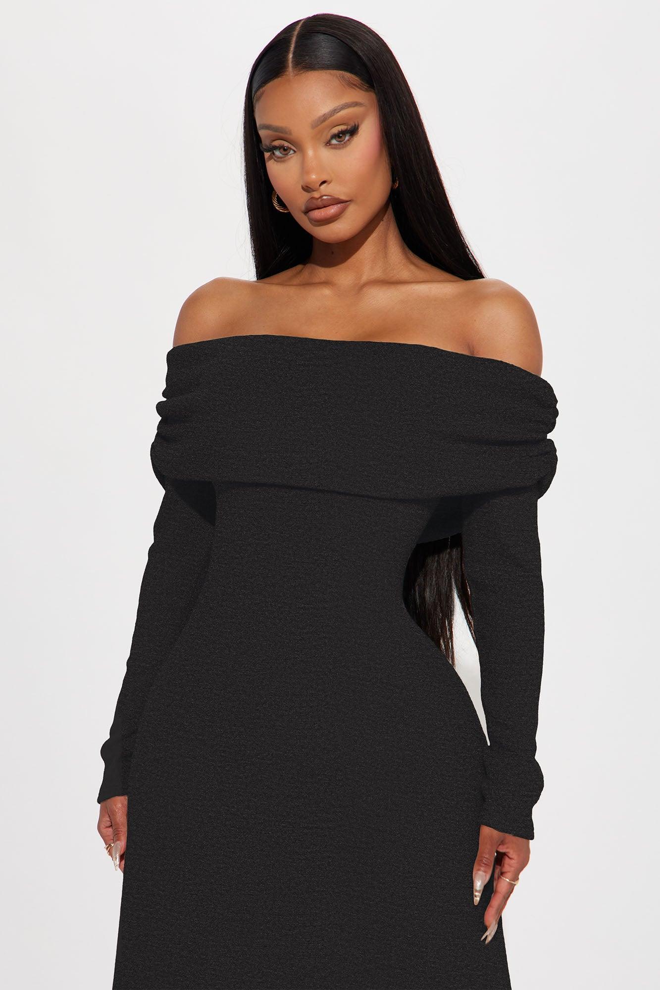 Tell Me More Off Shoulder Midi Dress - Black Product Image