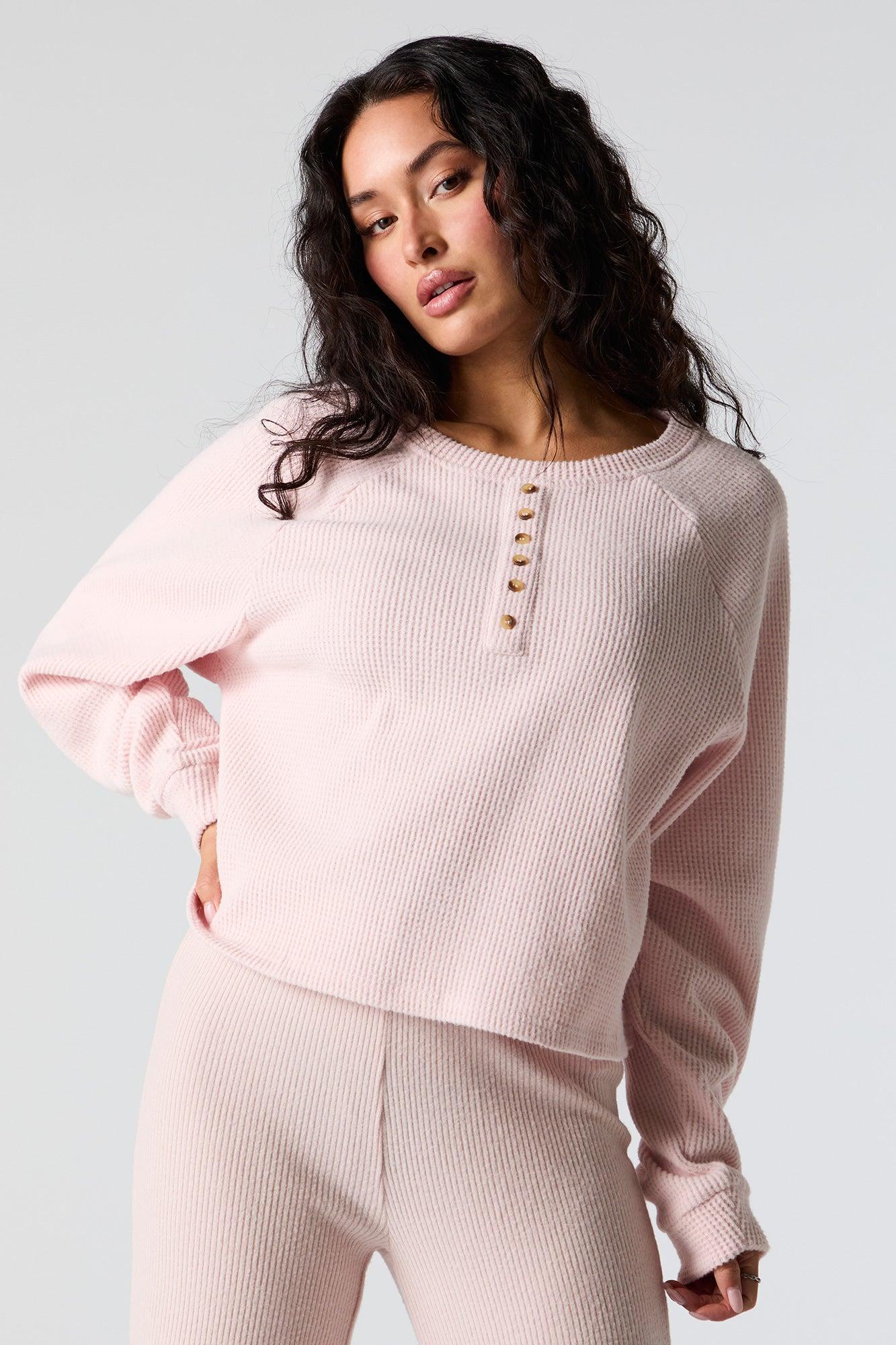 Waffle Knit Long Sleeve Henley Top Female Product Image