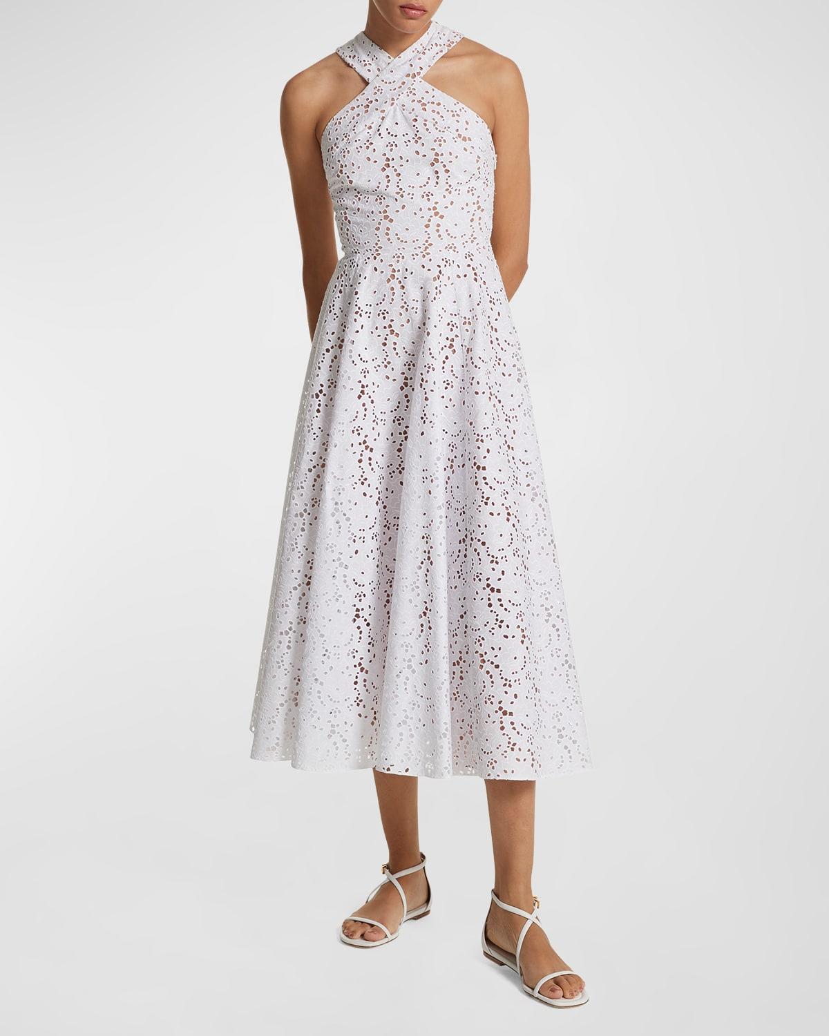 Womens Crisscrossed Cotton Eyelet Midi-Dress Product Image
