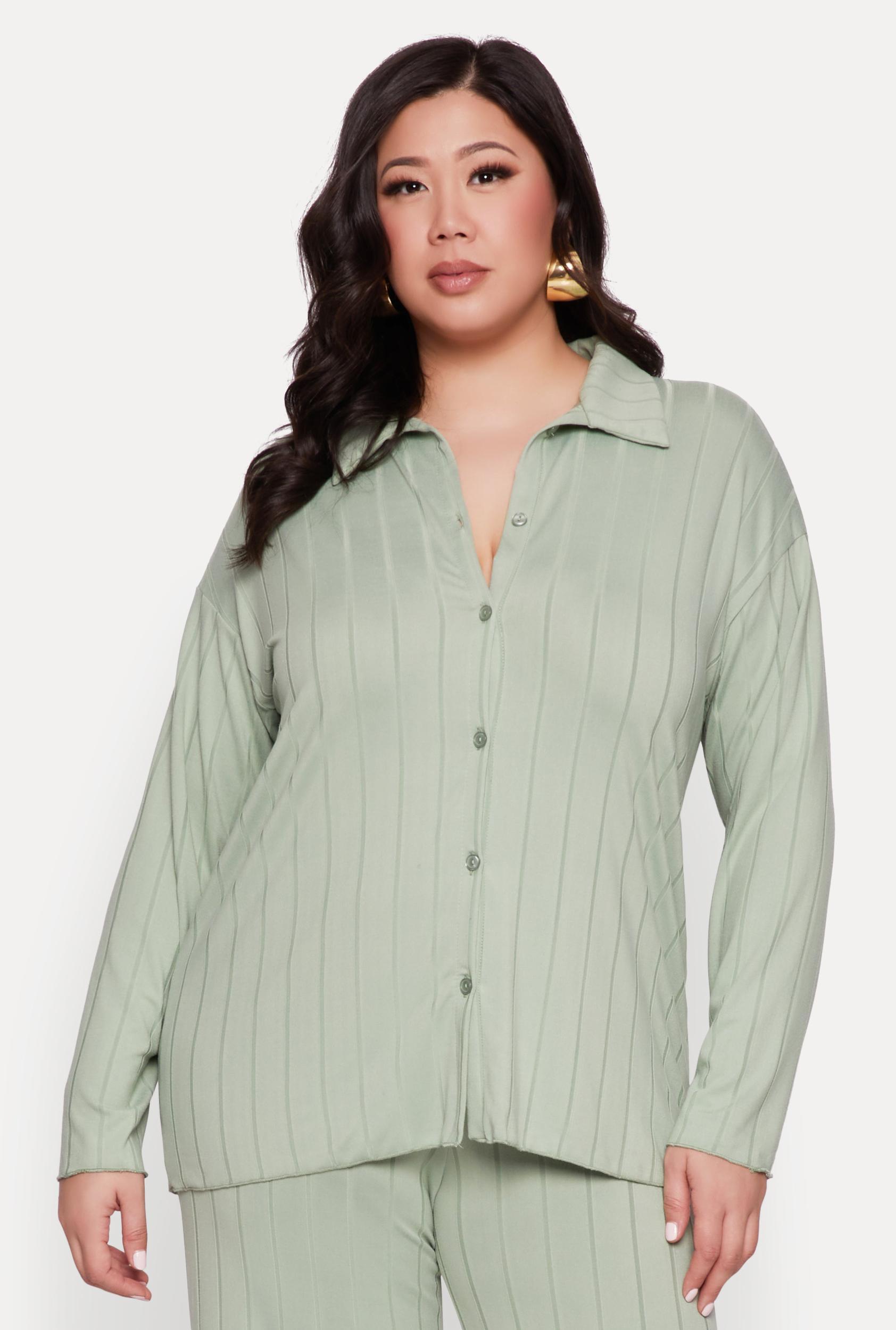 Womens Plus Size Ribbed Knit Button Front Shirt Product Image