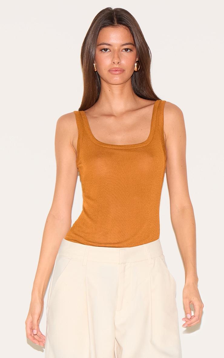  Tan Sheer Soft Touch Scoop Neck Long Vest Top Product Image