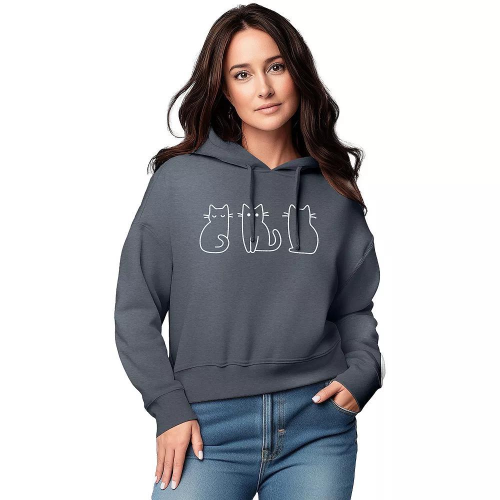 Women's Cat Outlines Graphic Cropped Hoodie, Size: Large, Grey Blue Product Image