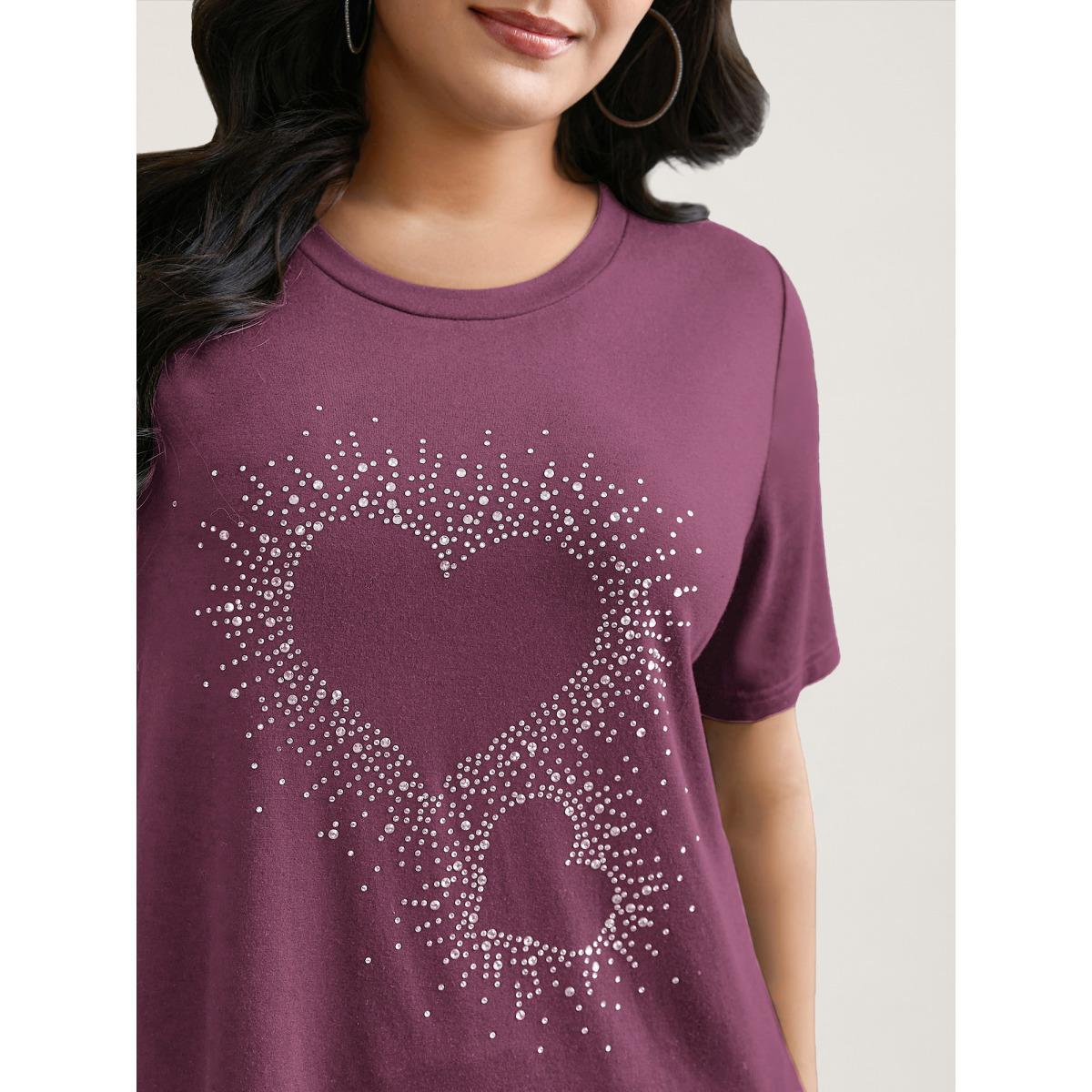 Plus Size Crew Neck Rhinestone Heart T-Shirt Deeppurplered Women Casual Rhinestone detailing Round Neck Everyday T-shirts BloomChic 22-24/3X Product Image