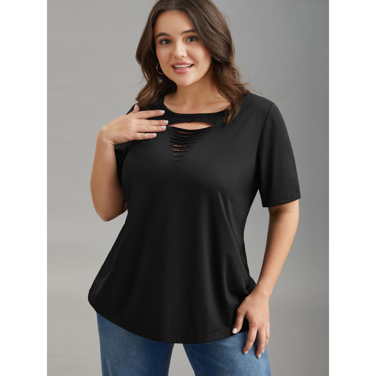 Plus Size Stretchy Ripped Neck Fitted T-Shirt Black Women Casual Cut-Out Round Neck Everyday T-shirts BloomChic 12/L Product Image