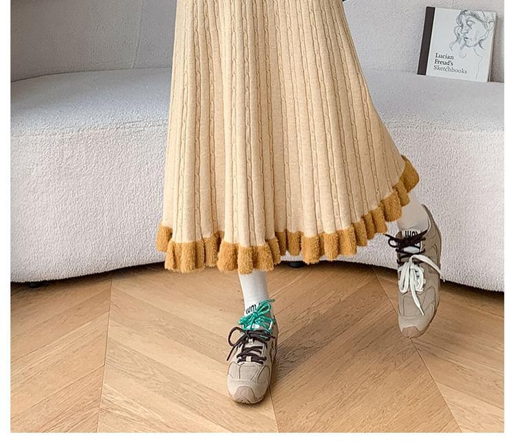 High Waist Ruffle Hem Knit Midi A-Line Skirt Product Image