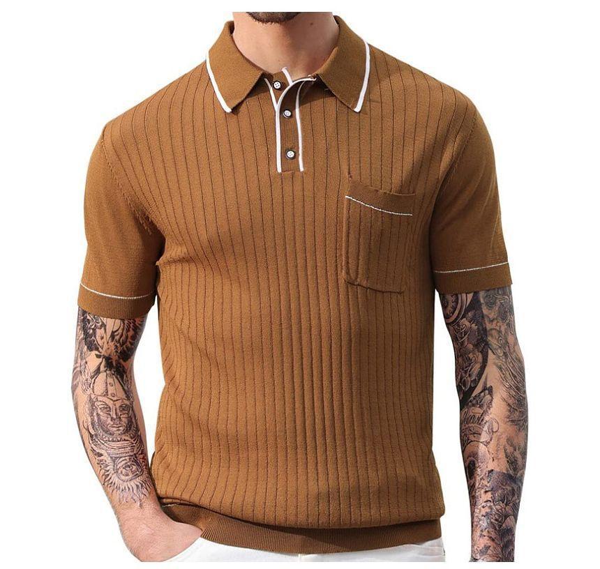 Short-Sleeve Contrast Trim Ribbed Knit Polo Shirt Product Image