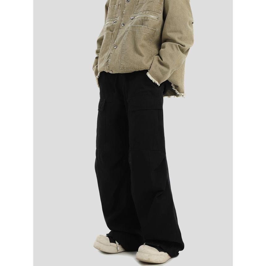 High Waist Plain Wide Leg Cargo Pants Product Image