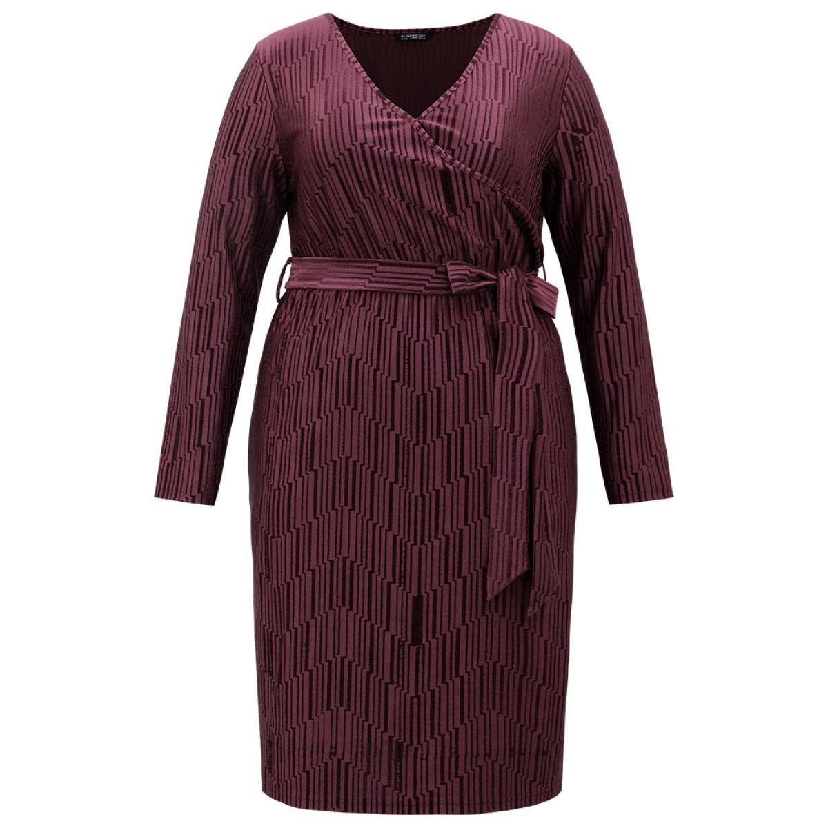 Plus Size Geometric Velvet Belted Split Hem Dress RedViolet Women Cocktail Wrap Overlap Collar Long Sleeve Curvy Knee Dress BloomChic 30/6X Product Image