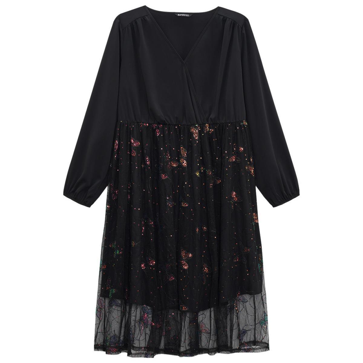 Plus Size Butterfly Patchwork Lace Mesh Wrap Sequin Dress Black Women Elegant Sequin Overlap Collar Long Sleeve Curvy Midi Dress BloomChic 10/M Product Image