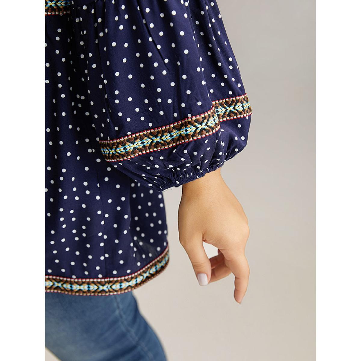 Plus Size Indigo Polka Dot Bandana Trim Ties Blouse Women Resort Long Sleeve Tie Neck Vacation Blouses BloomChic 28/5X Product Image