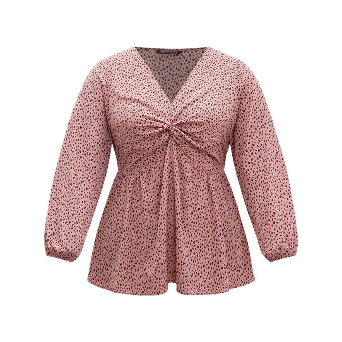 Plus Size Rouge Dot Print Twist Front Gathered V Neck Blouse Women Elegant Long Sleeve V-neck Everyday Blouses BloomChic 28/5X Product Image