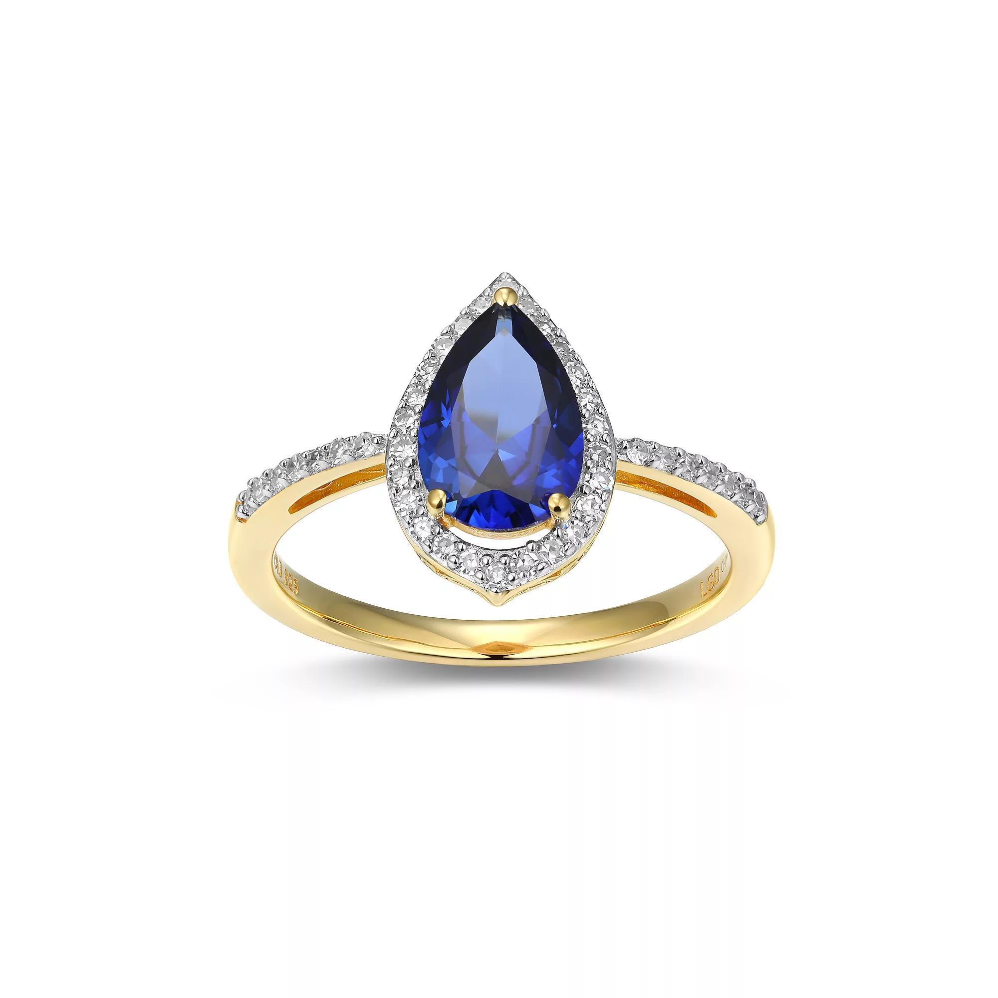 18k Gold Over Silver Lab-Created Sapphire & 1/5 Carat T.W. Lab-Grown Diamond Pear Ring, Women's, Size: 6, Gold Tone Product Image