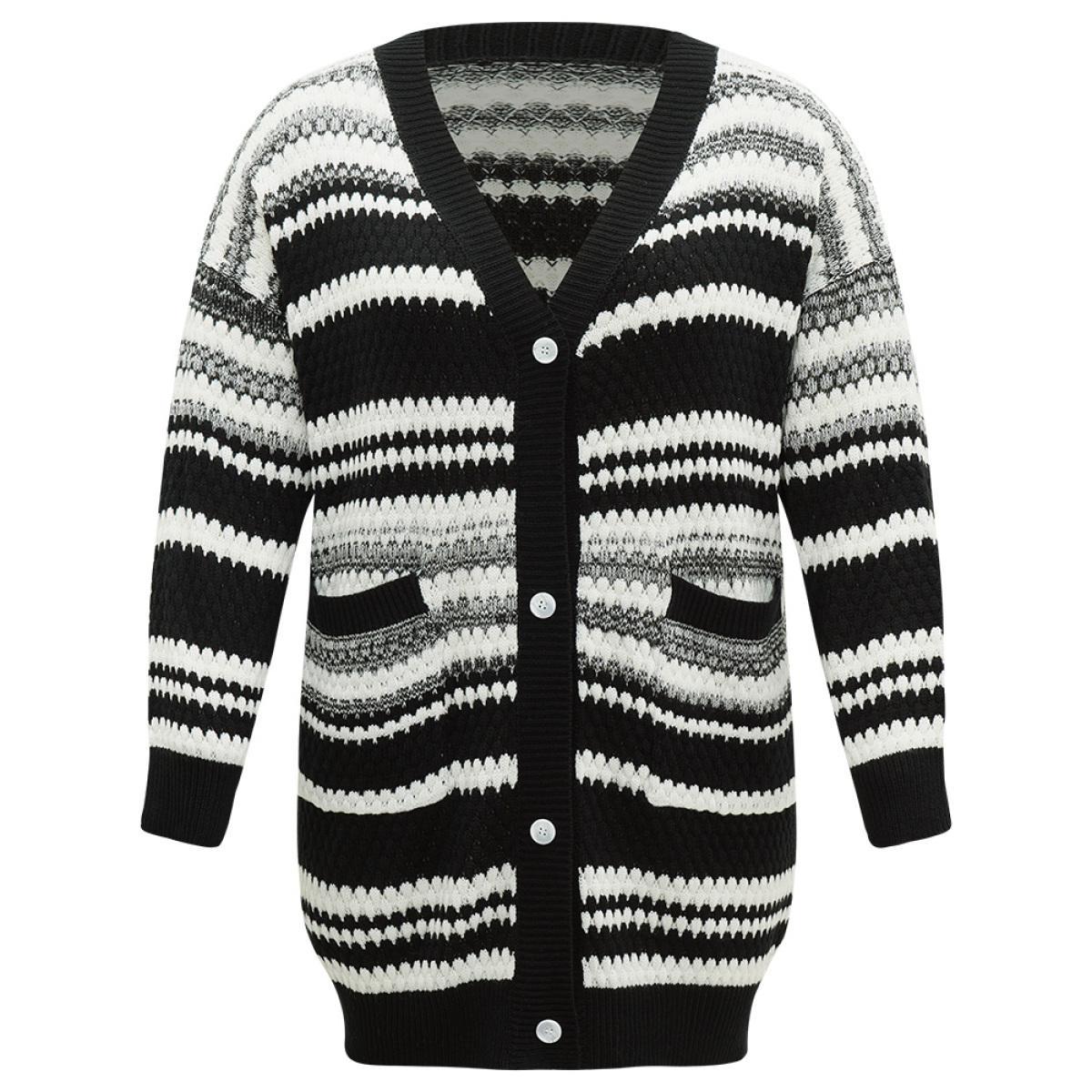 Plus Size Striped Patched Pocket Button Up Cardigan Multicolor Women Casual Loose Long Sleeve Dailywear Cardigans BloomChic 30/6X Product Image