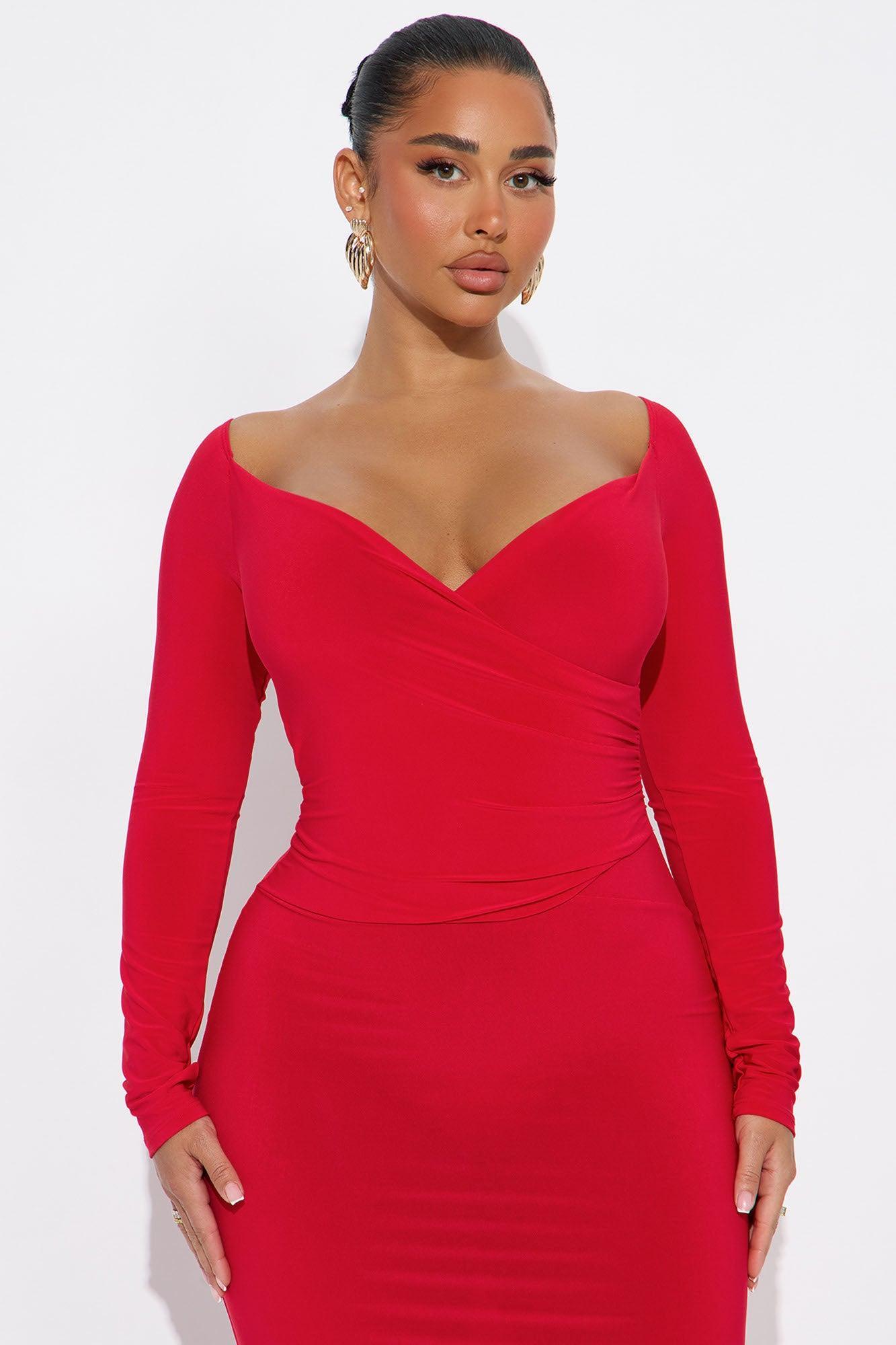 Carol Off Shoulder Midi Dress - Red Product Image
