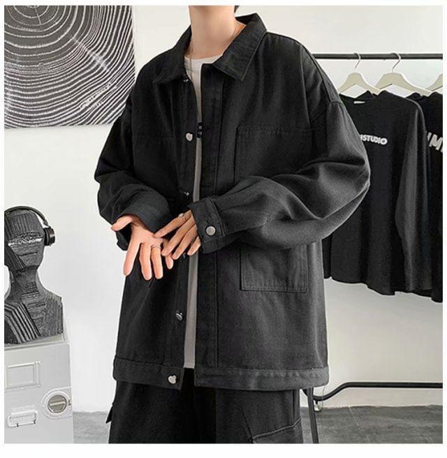 Washed Button-Up Denim Jacket Product Image