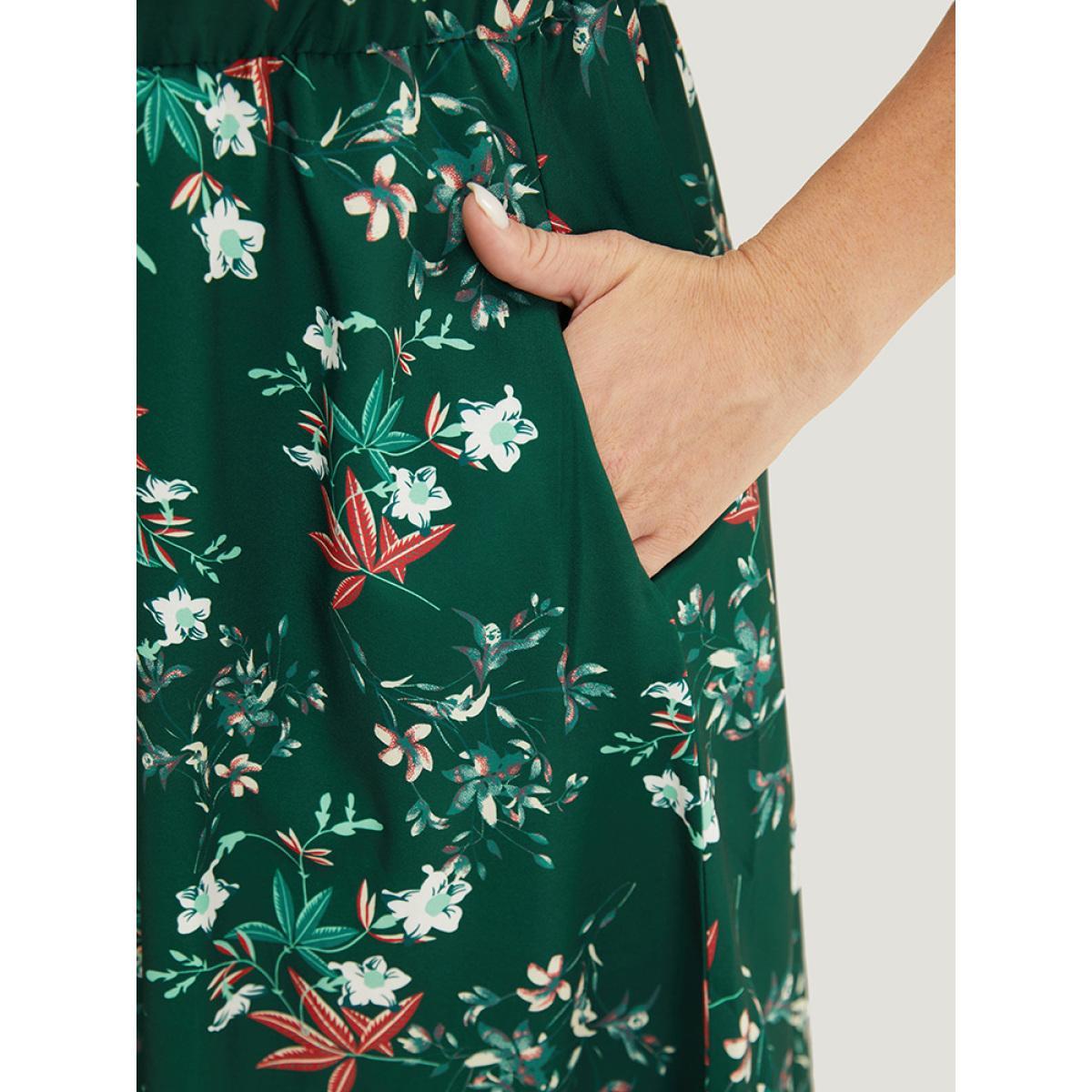 Plus Size Floral Ruffles Half Zipper Pocket Arc Hem Dress DarkGreen Women Elegant Zipper V-neck Short sleeve Curvy Midi Dress BloomChic 28/5X Product Image