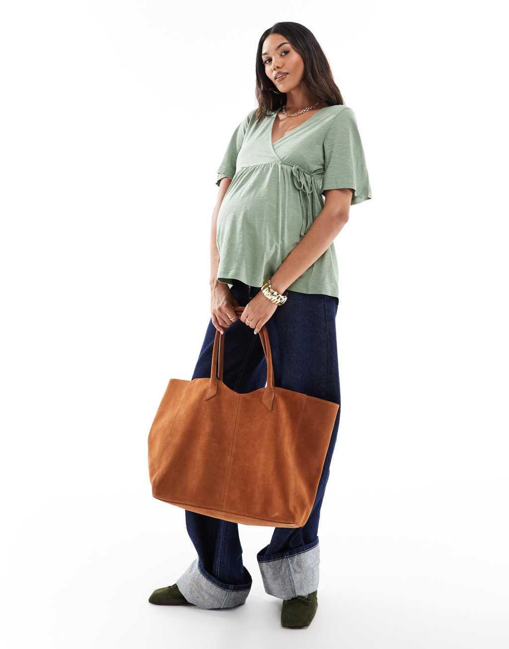 Mamalicious Maternity jersey wrap top in khaki Product Image