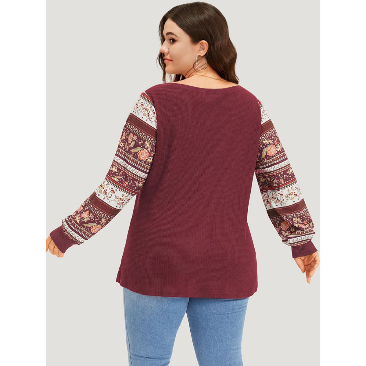 Plus Size Boho Print Patchwork Crew Neck Sweatshirt Women Scarlet Casual Elastic cuffs Round Neck Everyday Sweatshirts BloomChic 30/6X Product Image