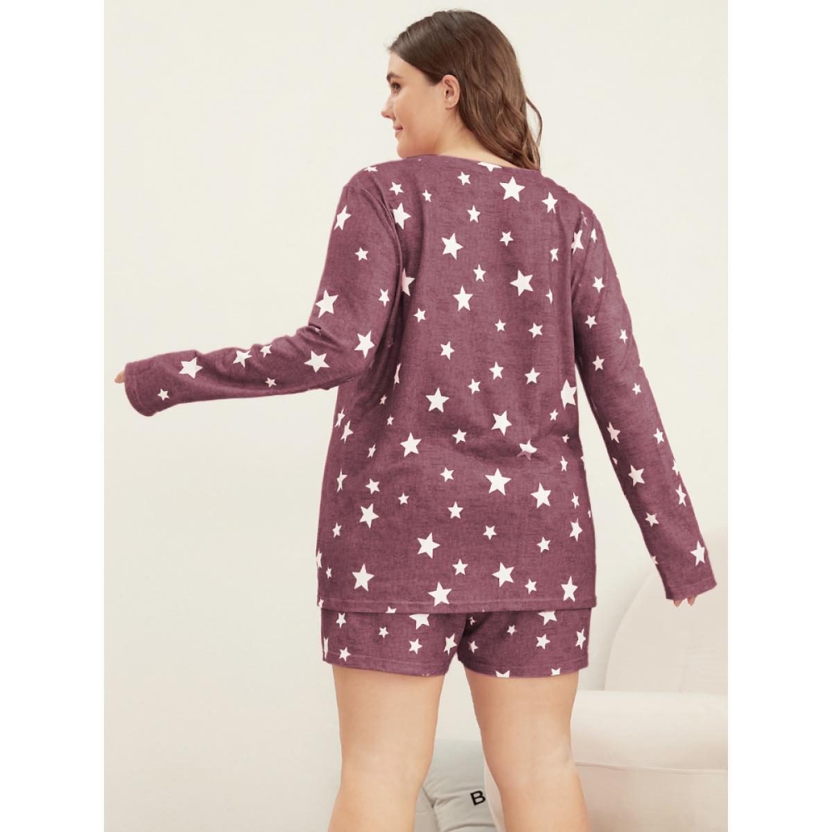 Plus Size Star Print Round Neck Sleep Top Women Russet Casual Moon and Star Round Neck Loungewear BloomChic 28/5X Product Image