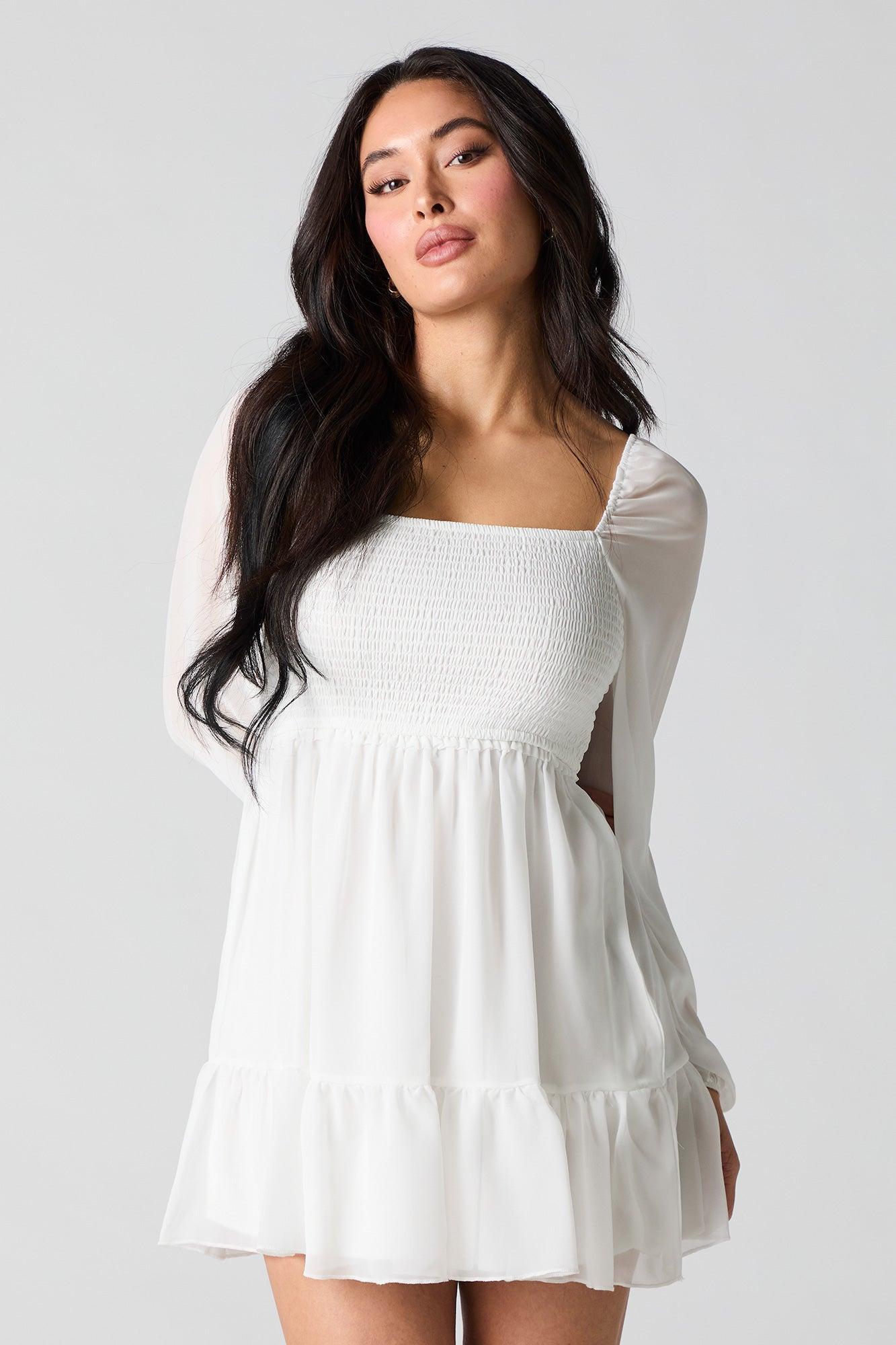Smocked Tiered Long Sleeve Mini Dress Female Product Image
