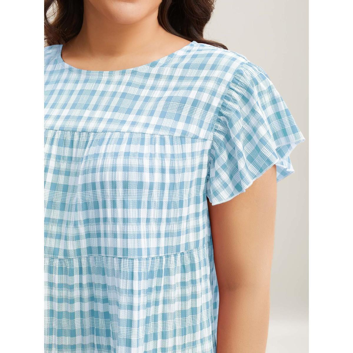 Plus Size LightBlue Plaid Print Textured Lotus Leaf Sleeve Shirt Women Casual Cap Sleeve Round Neck Everyday Blouses BloomChic 22-24/3X Product Image