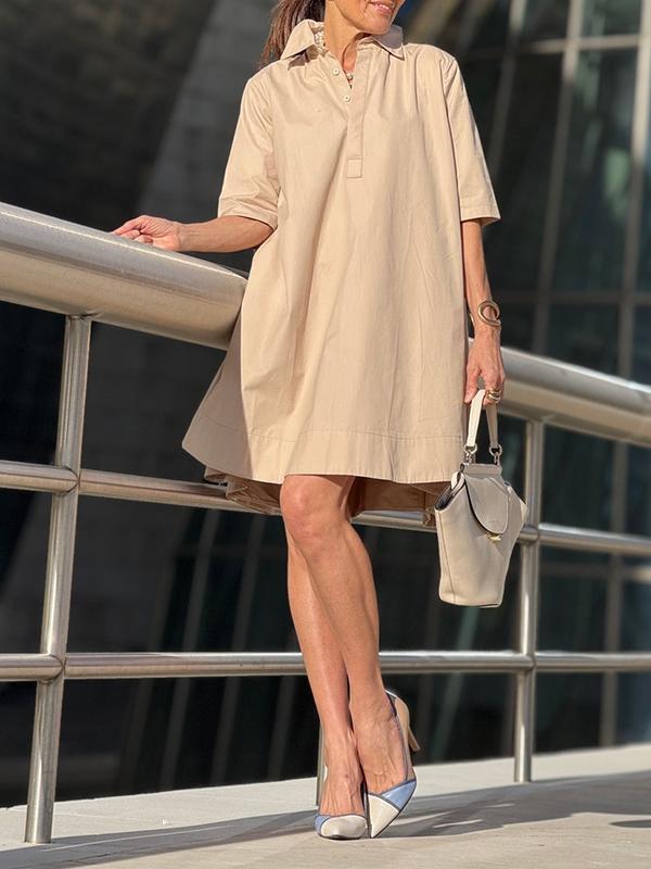 A-Line Short Sleeves Solid Color Split-Joint Lapel Mini Dresses Shirt Dress Product Image