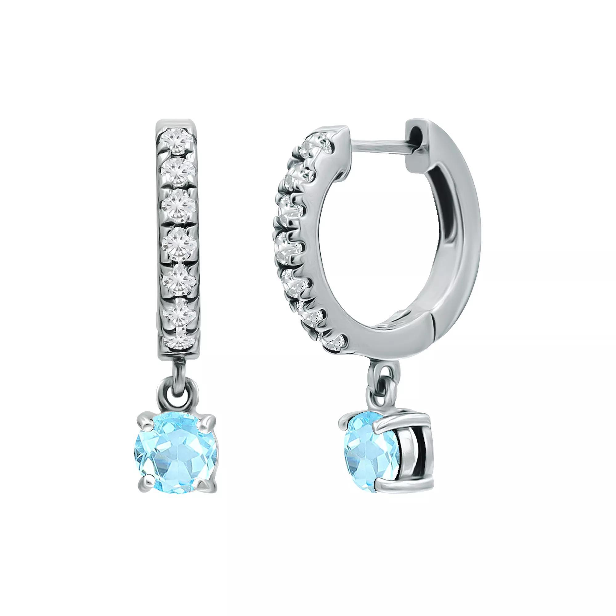 Aleure Precioso Sterling Silver Round with White Topaz Huggie Earrings, Womens, Silver Tone Blue Product Image
