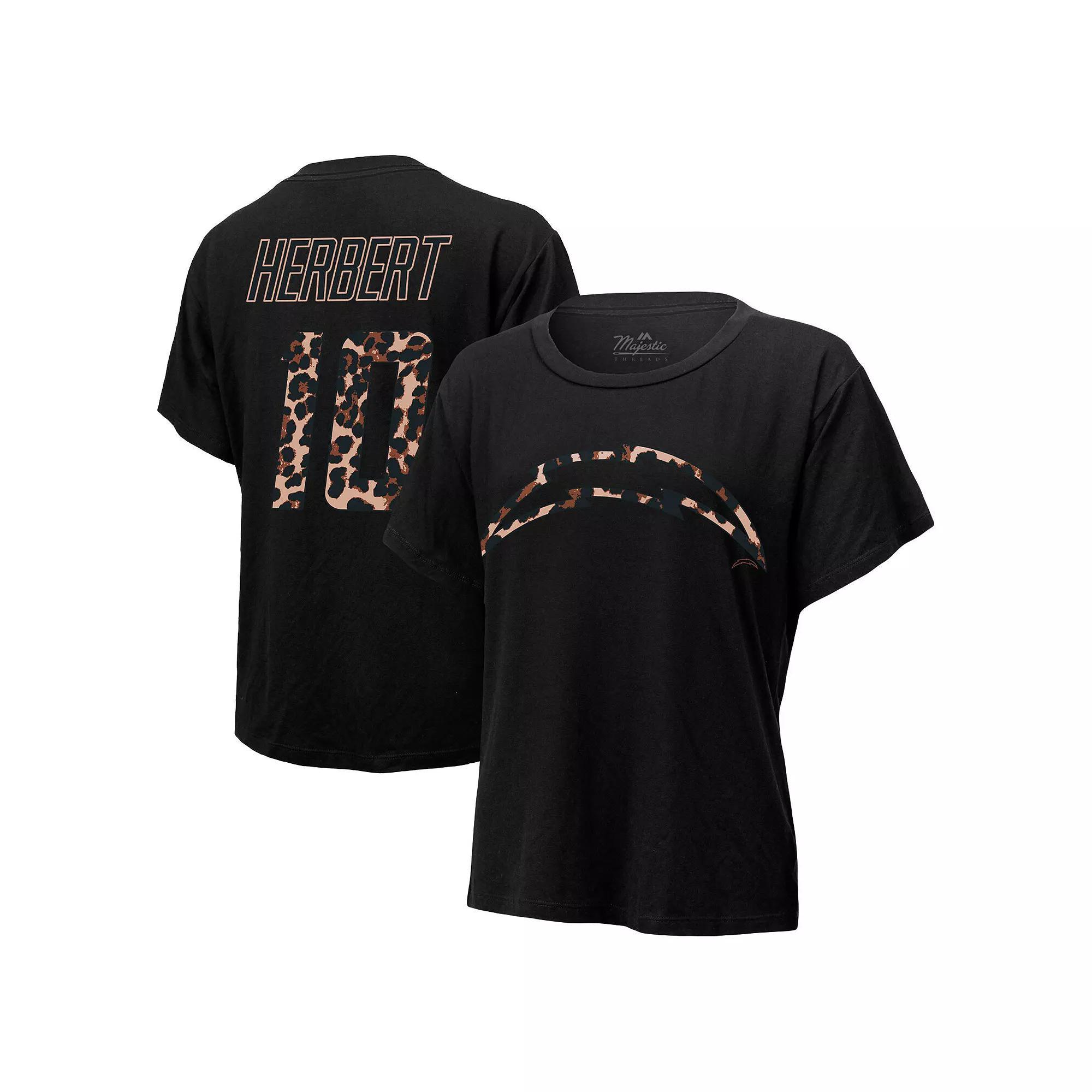 Women's Majestic Threads Justin Herbert Black Los Angeles Chargers Leopard Player Name & Number T-Shirt, Size: Large Product Image