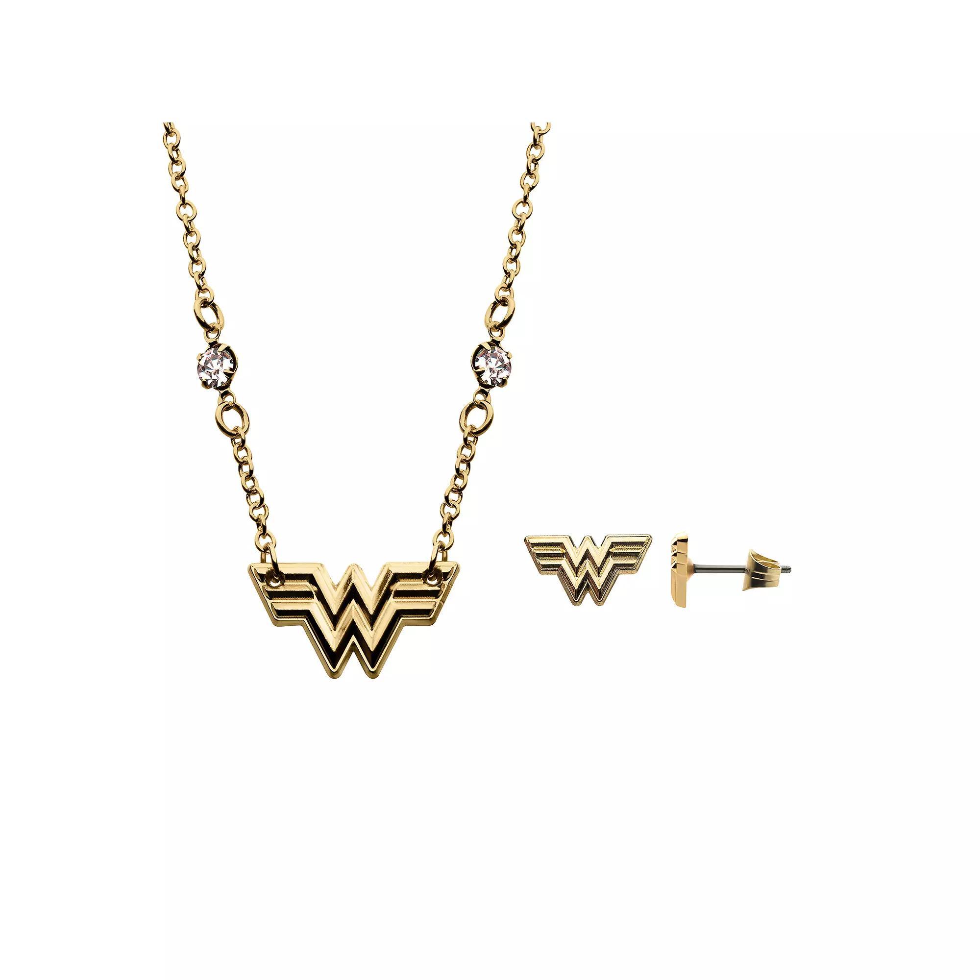 DC Comics Wonder Woman 1984 Gold Tone Stainless Steel Logo Pendant & Stud Earring Set, Women's Product Image