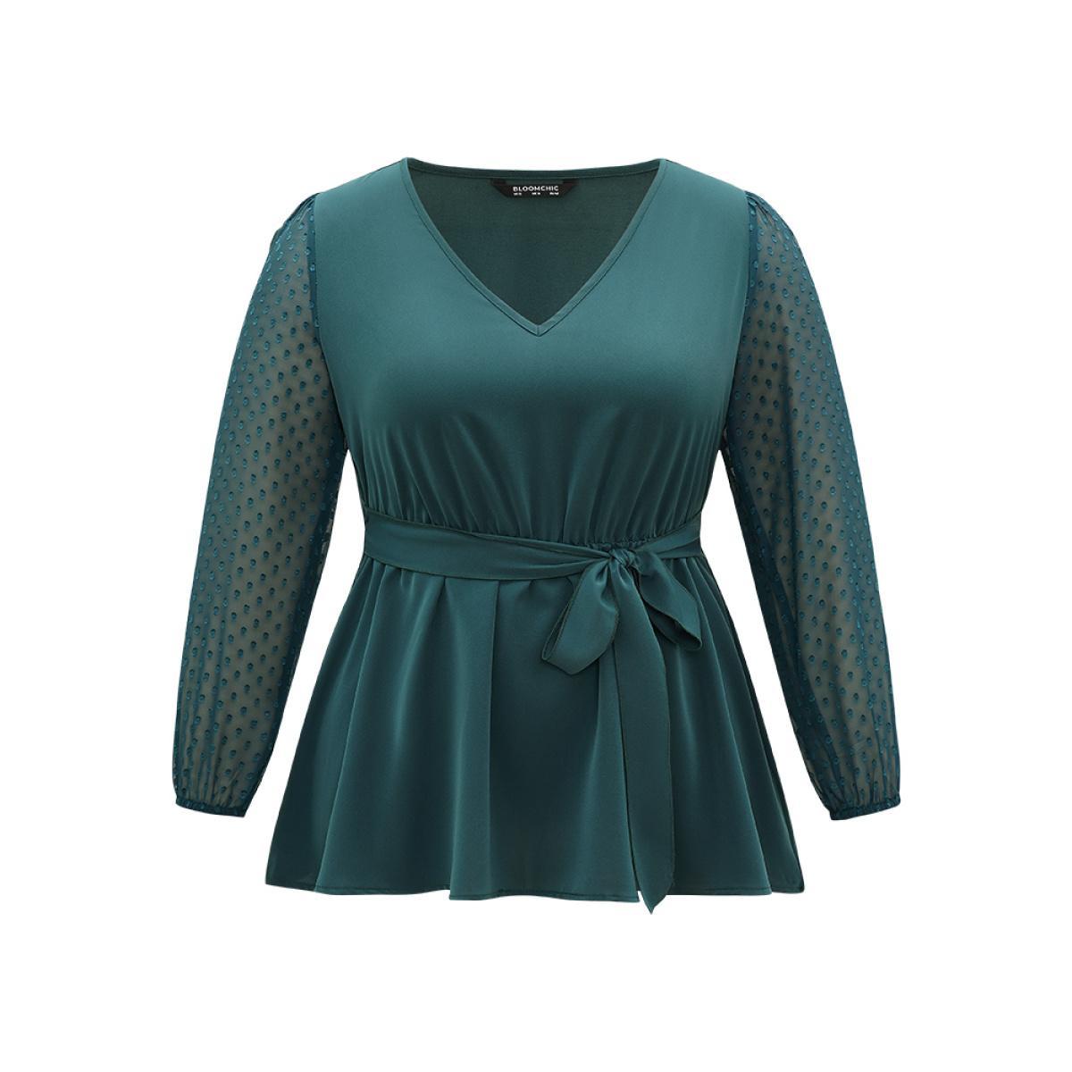 Plus Size Arctic Static-Free Plain Patchwork Mesh Texture Ties Blouse Women Office Long Sleeve V-neck Work Blouses BloomChic 10/M Product Image
