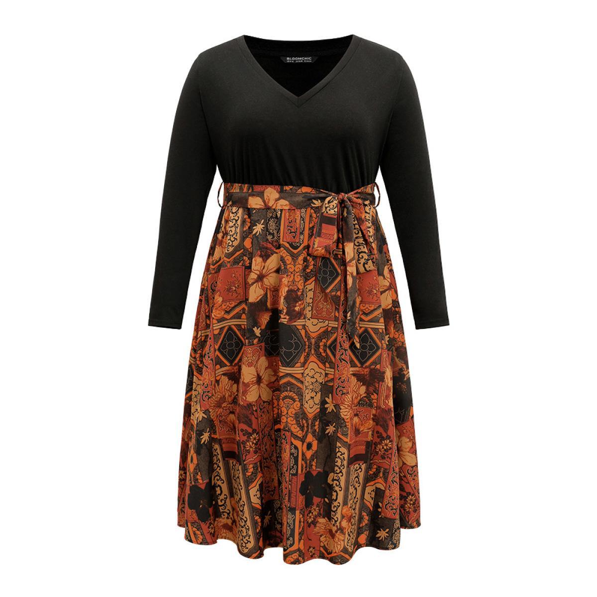 Plus Size Bandana Print V Neck Patchwork Pocket Dress Black Women Vacation Belted V-neck Long Sleeve Curvy Midi Dress BloomChic 28/5X Product Image