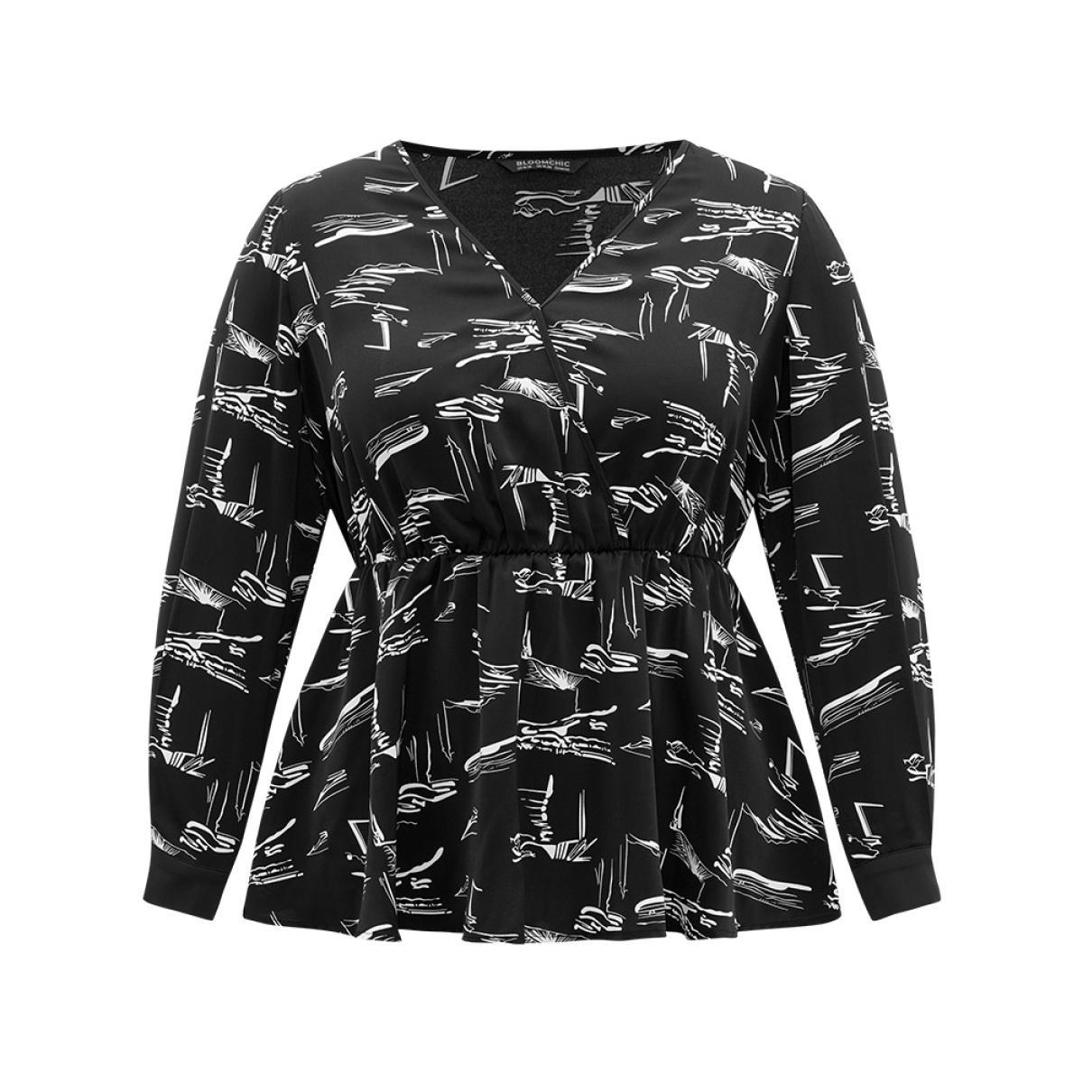 Plus Size BlackFlower Geometric Wrap Elastic Waist Ruffle Hem Blouse Women Office Long Sleeve Overlap Collar Work Blouses BloomChic 28/5X Product Image