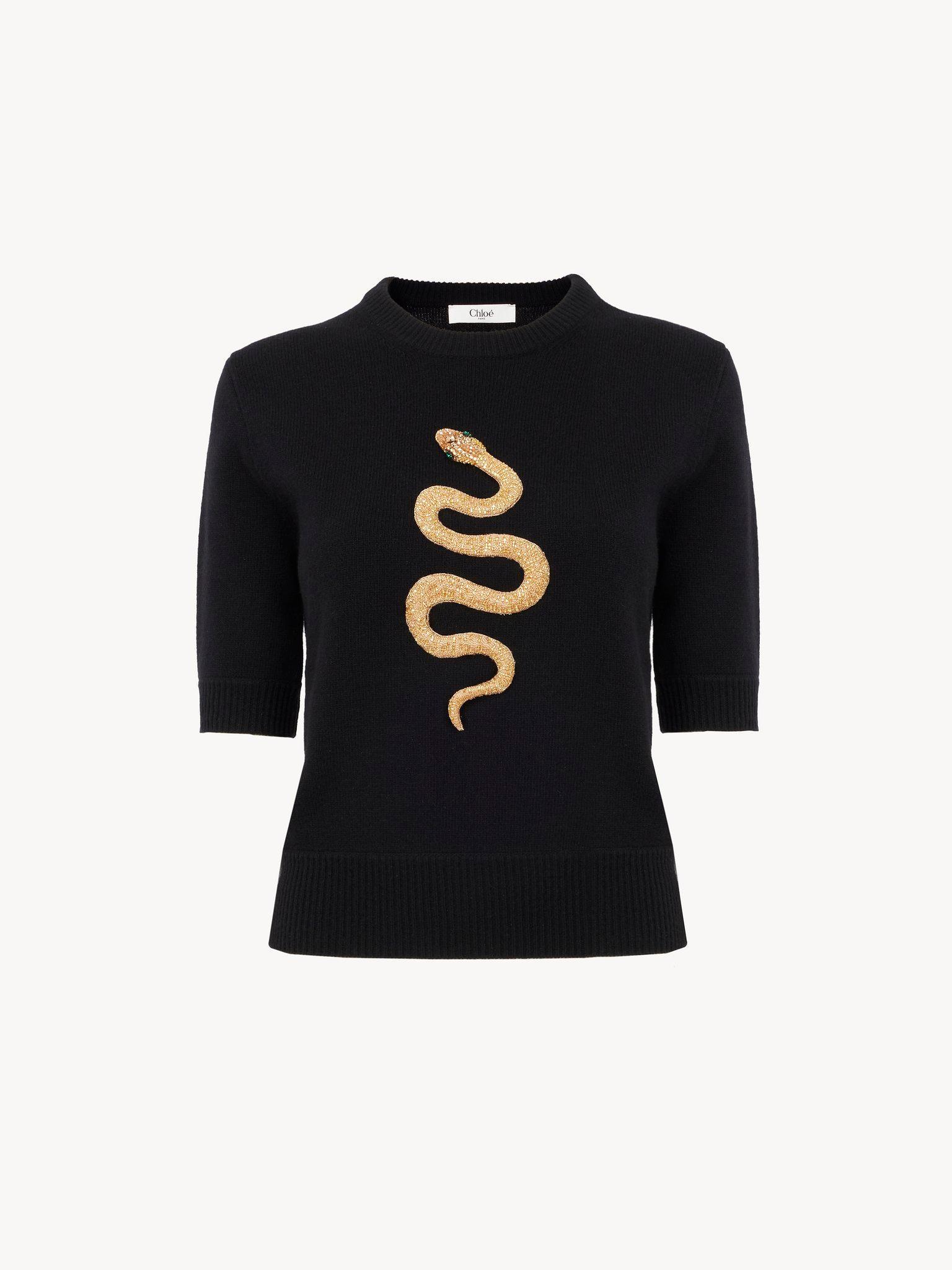 Embroidered short-sleeve sweater in wool & cashmere knit Product Image