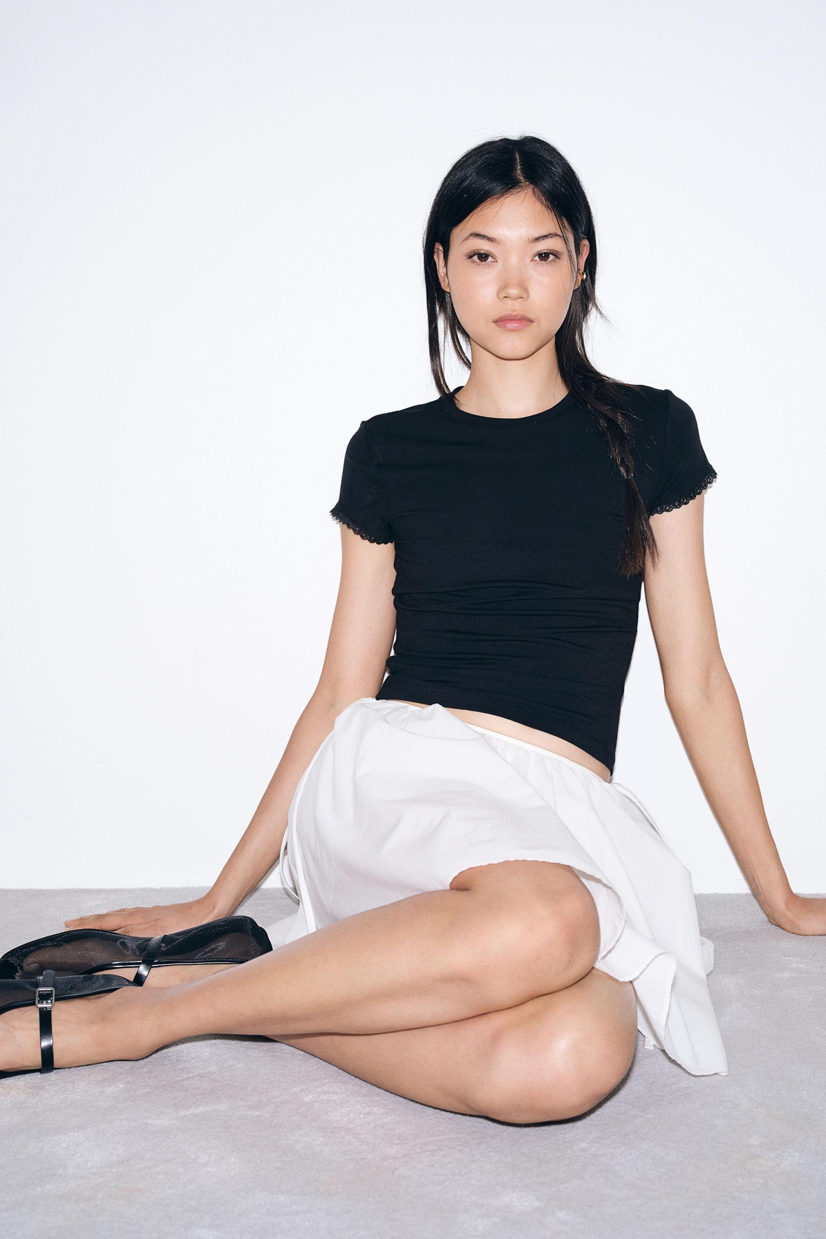 Lace-Trimmed Ribbed T-Shirt Product Image