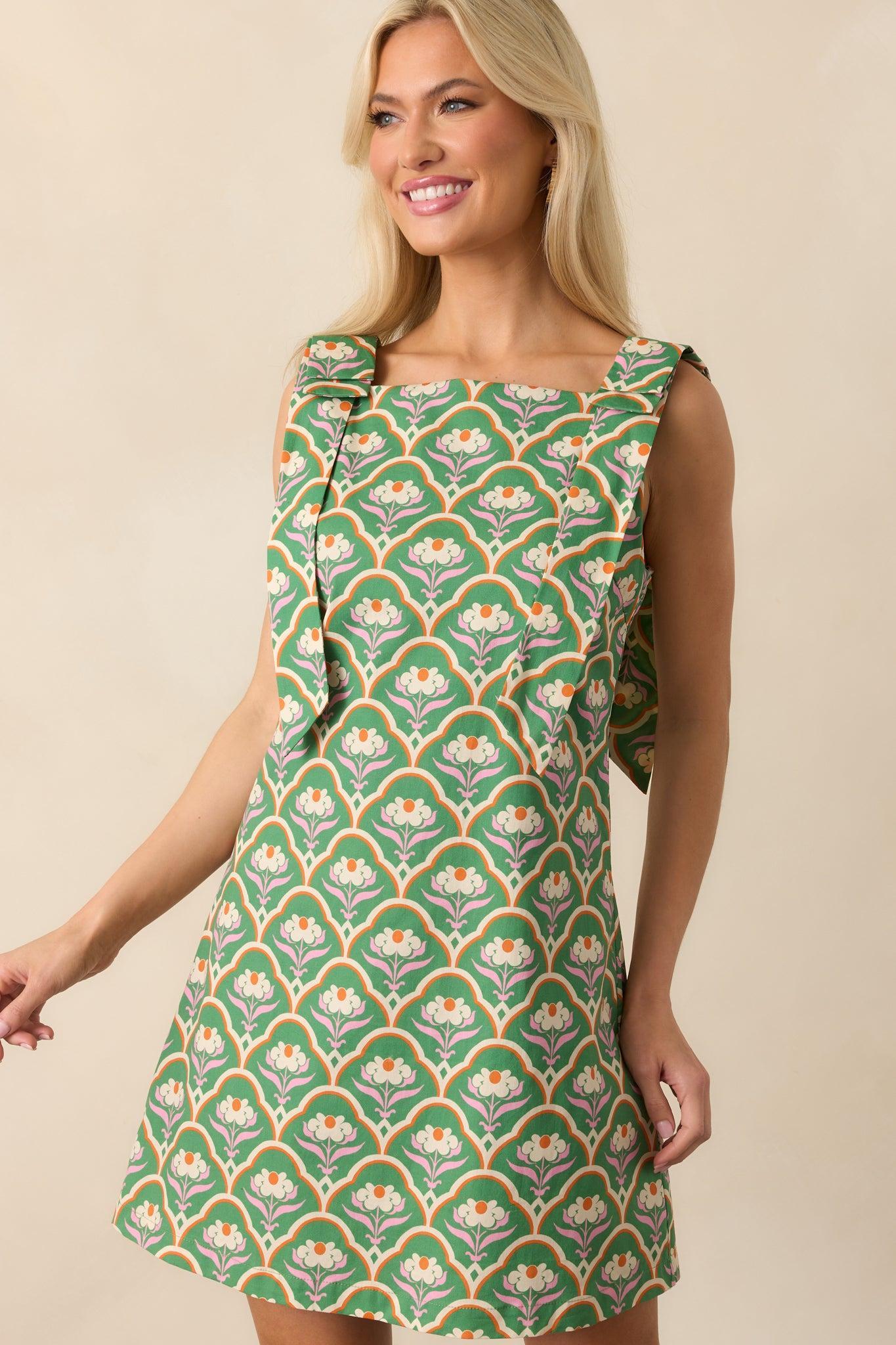 Someone So Lovely Green Geometric Floral Print Cotton Mini Dress Product Image