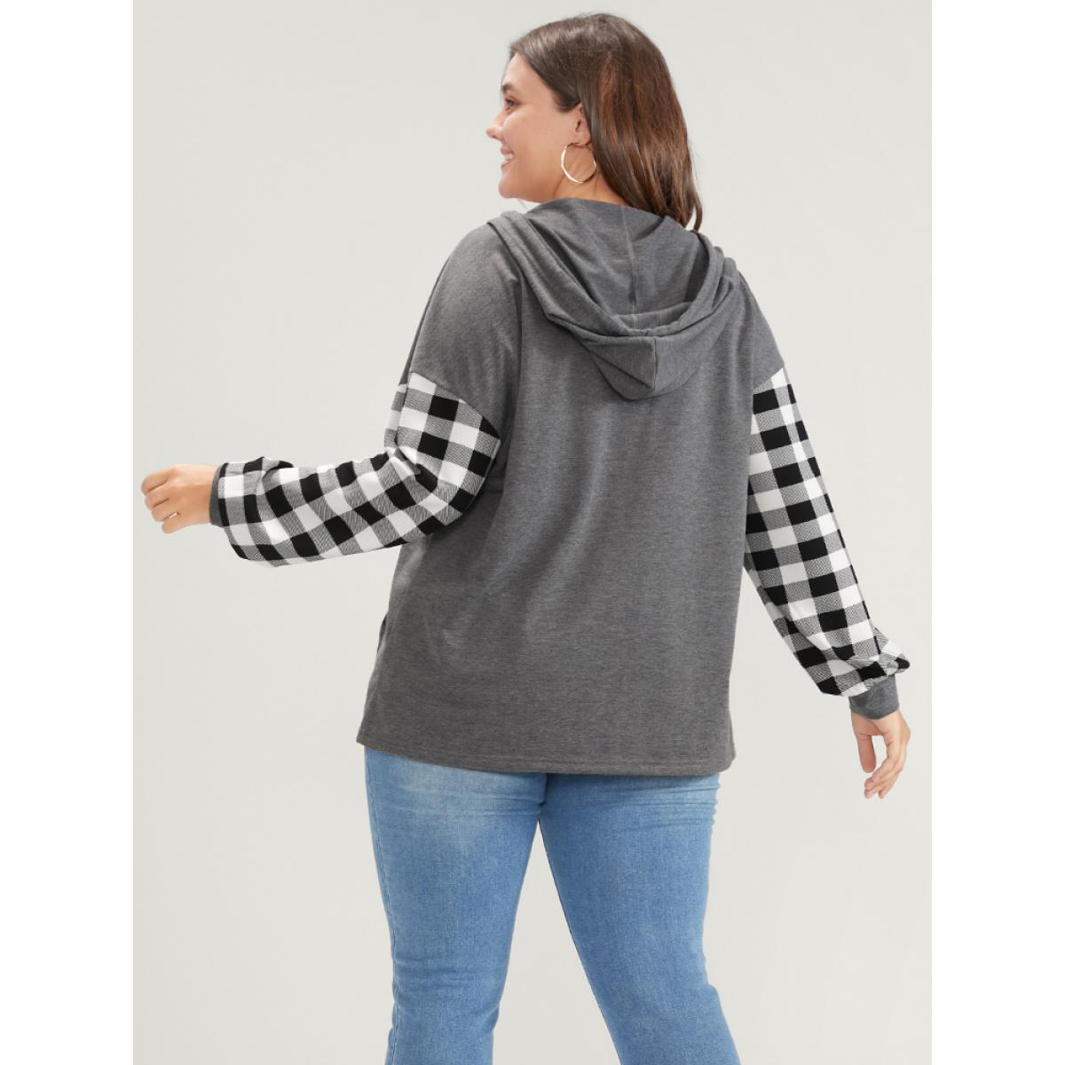 Plus Size Gingham Pocket Button Up Hooded Sweatshirt Women DimGray Casual Contrast Hooded Dailywear Sweatshirts BloomChic 10/M Product Image