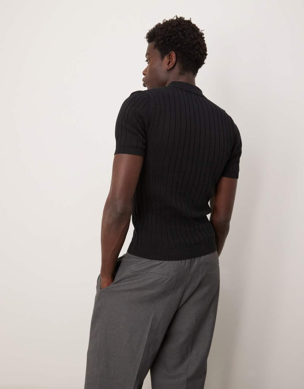 ASOS DESIGN knitted muscle fit rib polo t-shirt in black Product Image