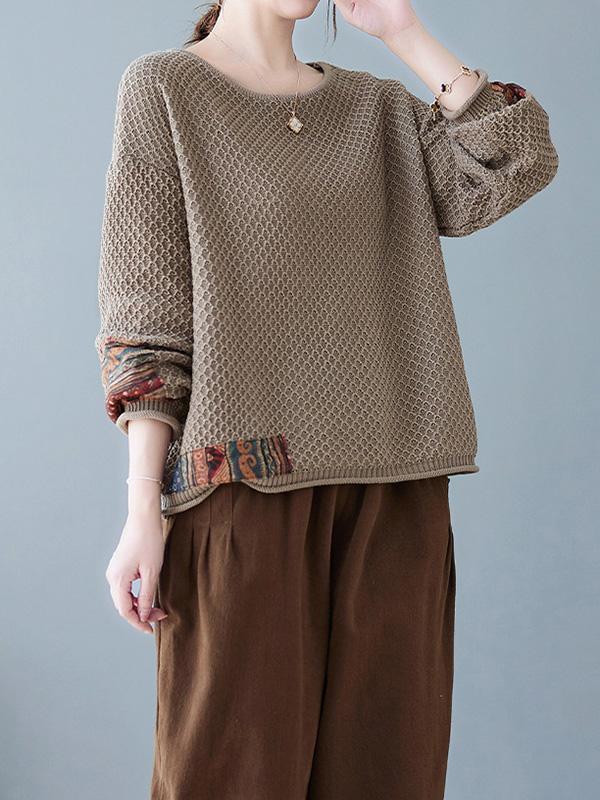 Long Sleeves Loose Printed Split-Joint Round-Neck Pullovers Sweater Tops Product Image