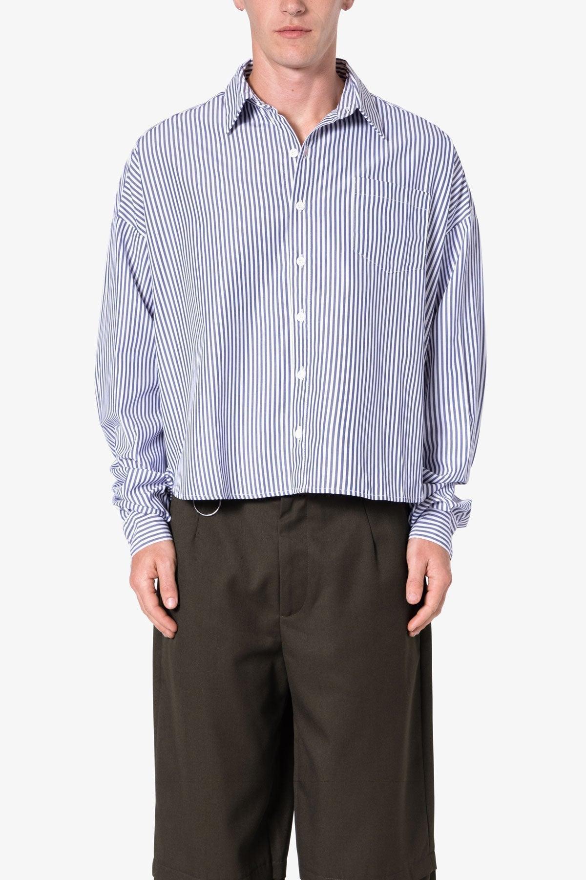 Striped Cropped Button Down Shirt - Blue Product Image